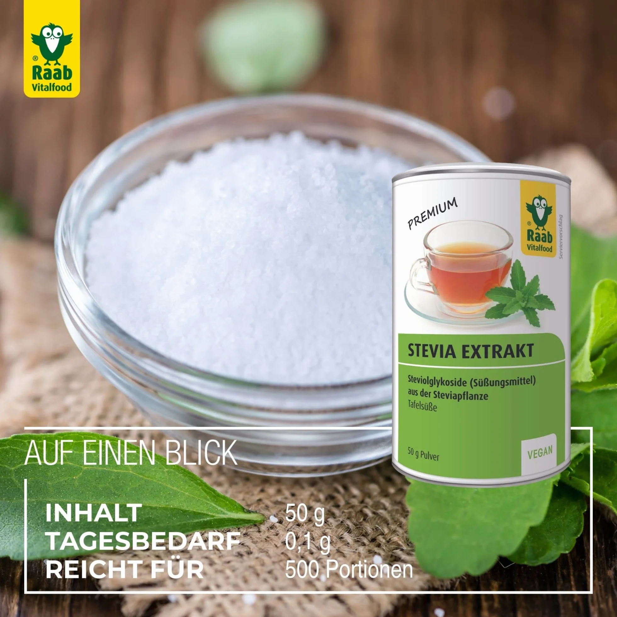 Raab, Dolcificante a base di estratto di stevia in polvere bio, 50g