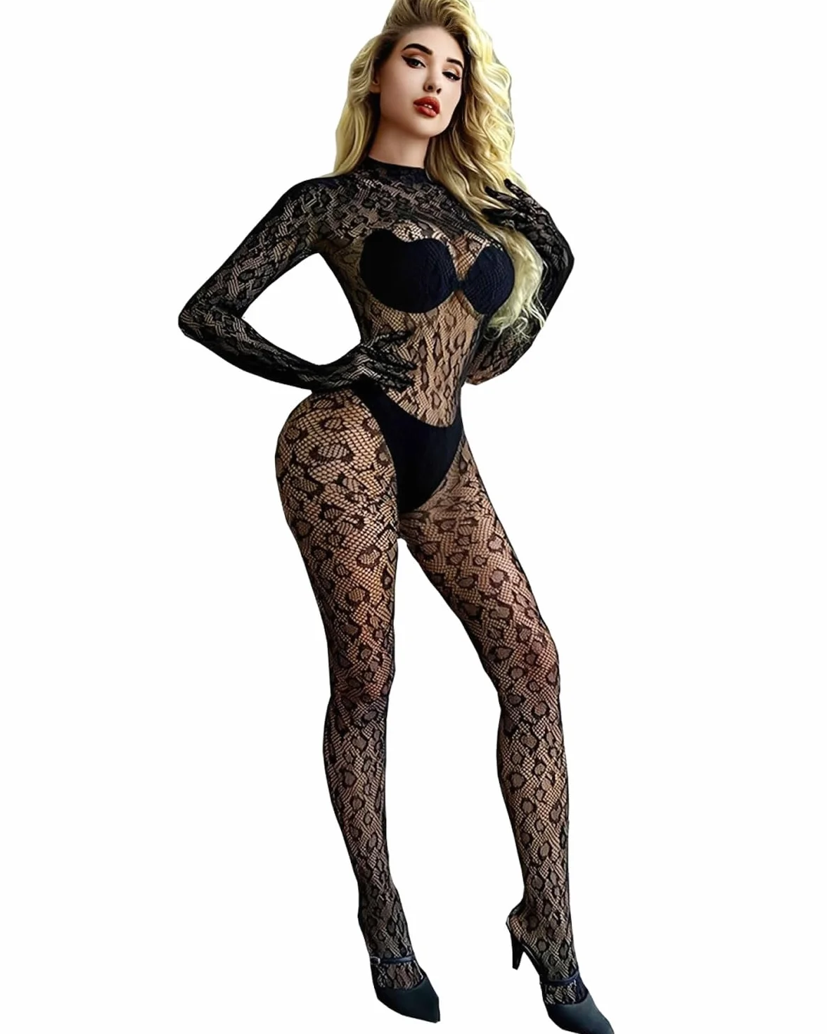 Body Pizzo Leopardato Rete Trasparente a Maniche Lunghe Nero Donna