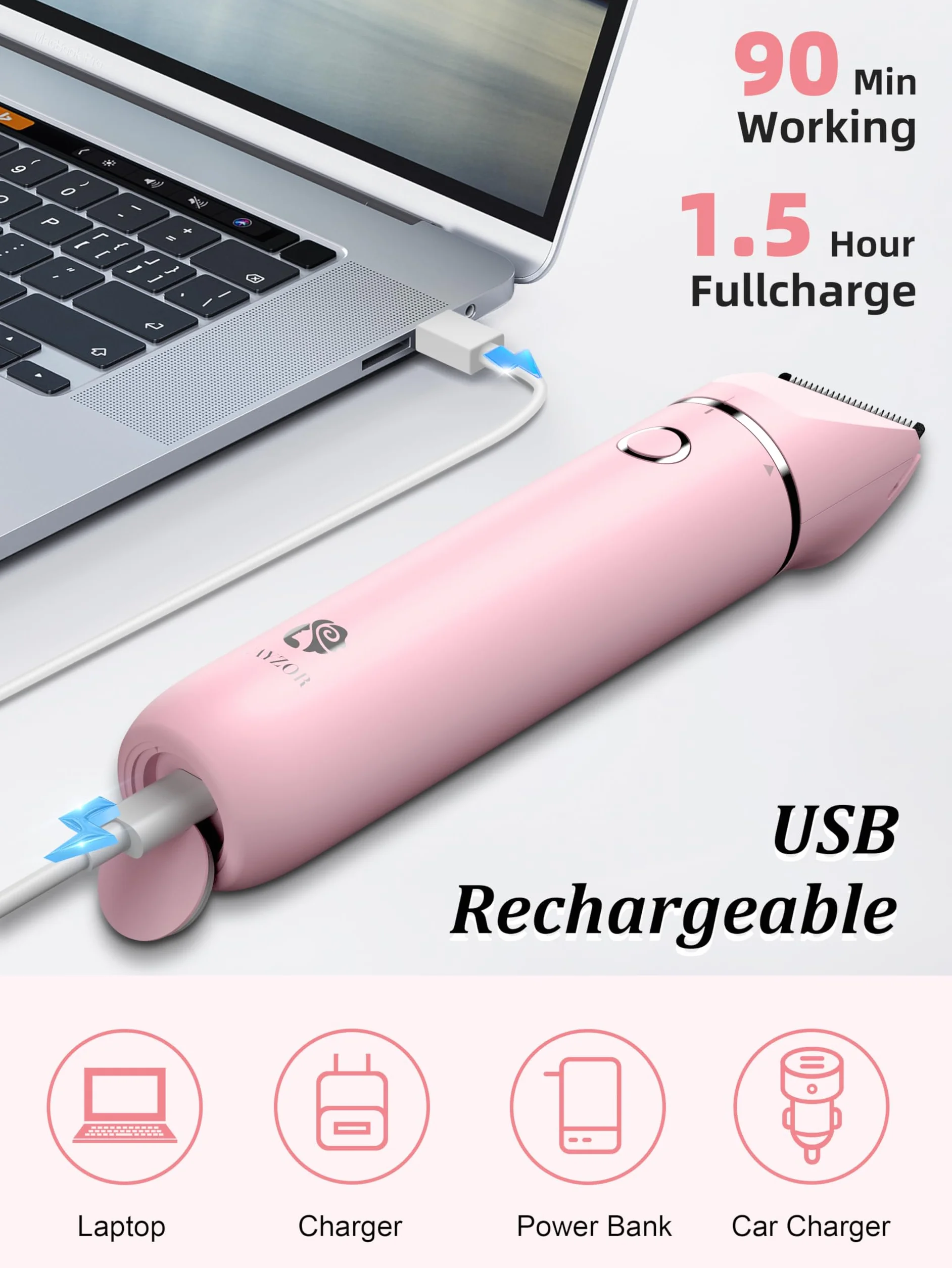 Cayzor Rasoio per bikini da donna 2 in 1 impermeabile senza fili rimozione peli (Rosa)