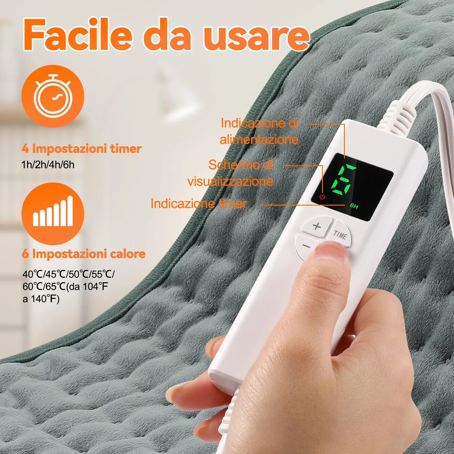 Termoforo Elettrico Lombare, 30x60cm Termoforo Lombare Ricaricabile Con timer di 4 ore e 6 Livelli di Riscaldamento Spegnimento Automatico,Lavabile Cuscino Elettrico Riscaldante Grigio