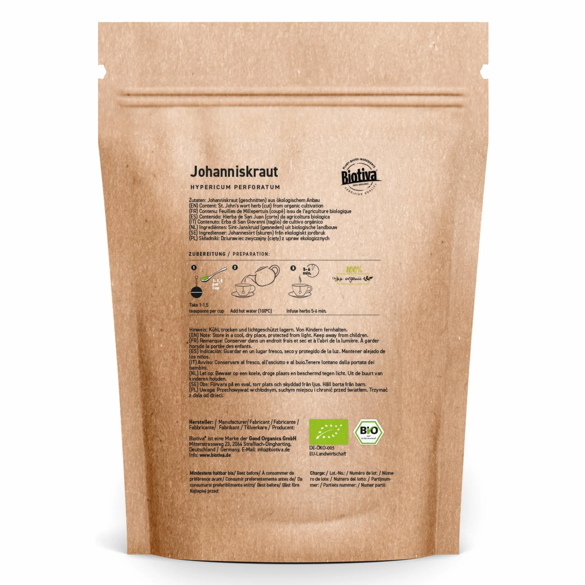 Tè di iperico bio 100g | Vero iperico tagliato | hypericum | imbottigliato e controllato in Germania | Biotiva