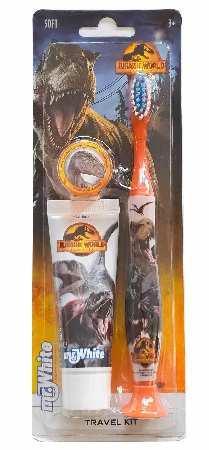 Jurassic World - Kit da viaggio per l'igiene orale, contiene dentifricio al gusto di fragola e spazzolino da denti con tappo di protezione, ventosa, manico comodo e setole morbide per bambini