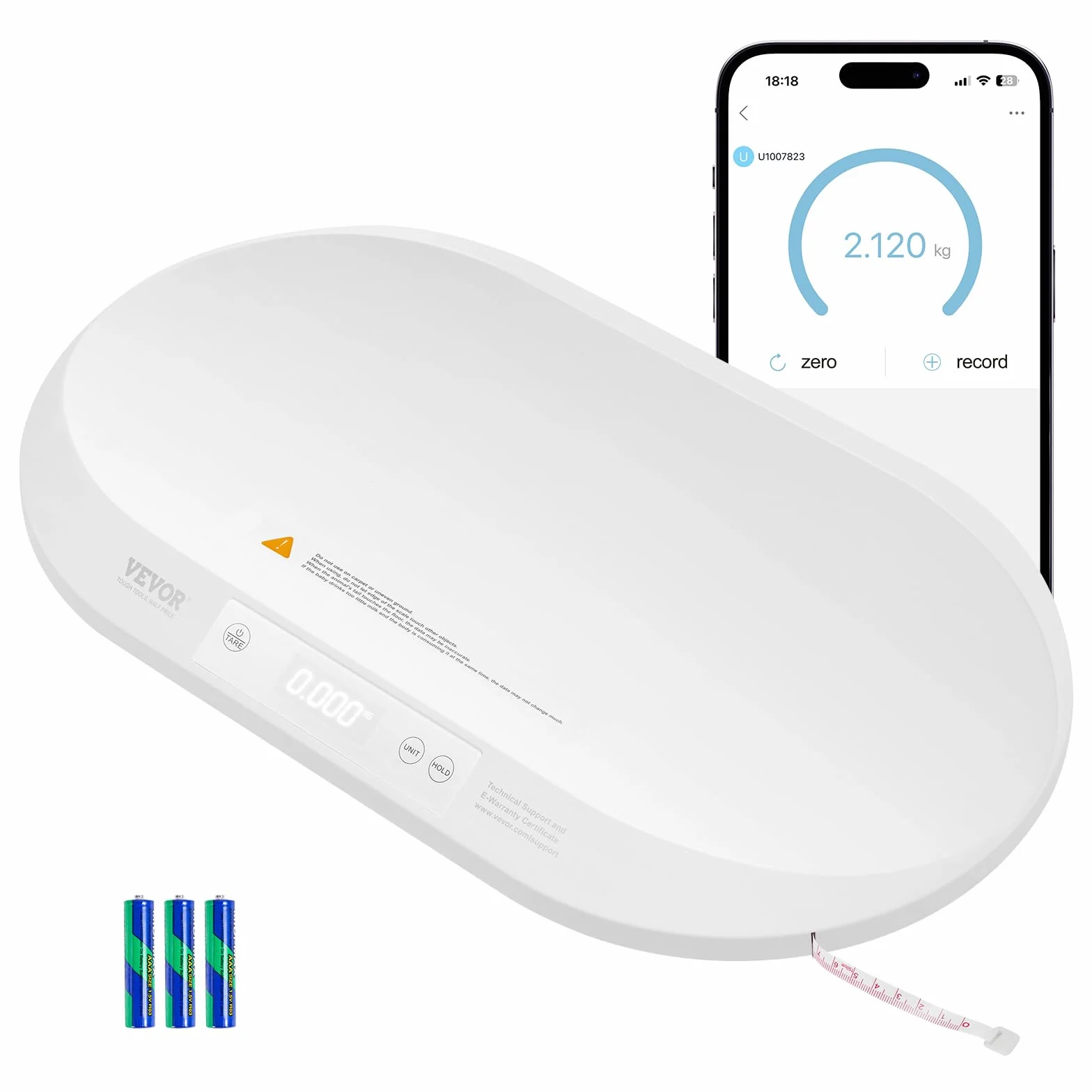 VEVOR Bilancia Intelligente Bluetooth per Neonati con Metro a Nastro, Capacità 40 kg