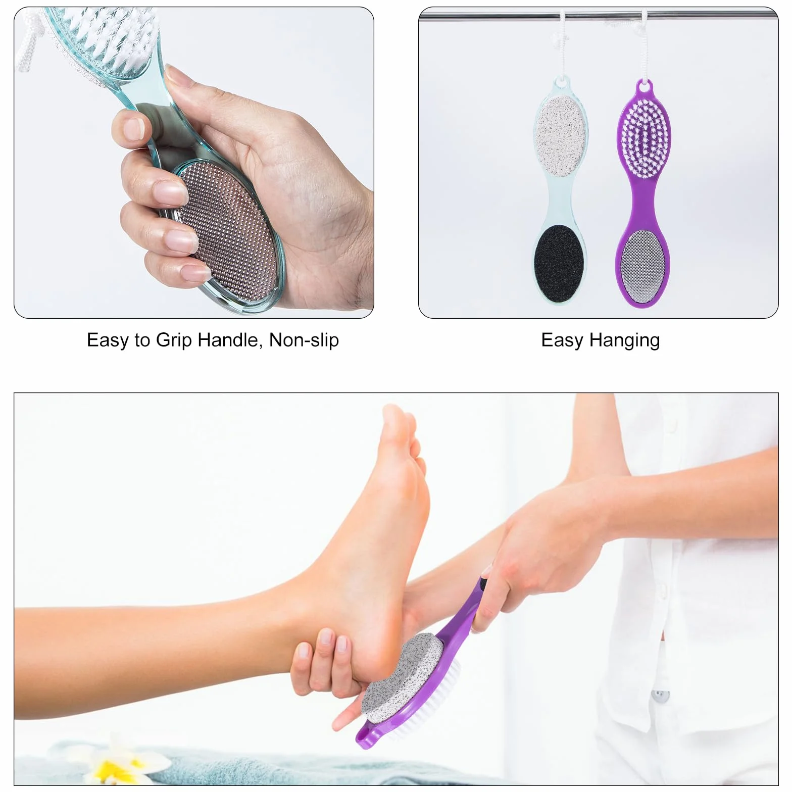 Spazzola in pietra pomice per piedi 4 in 1, scrubber doccia, lima calli, raspa e carta abrasiva, strumenti pedicure con manico