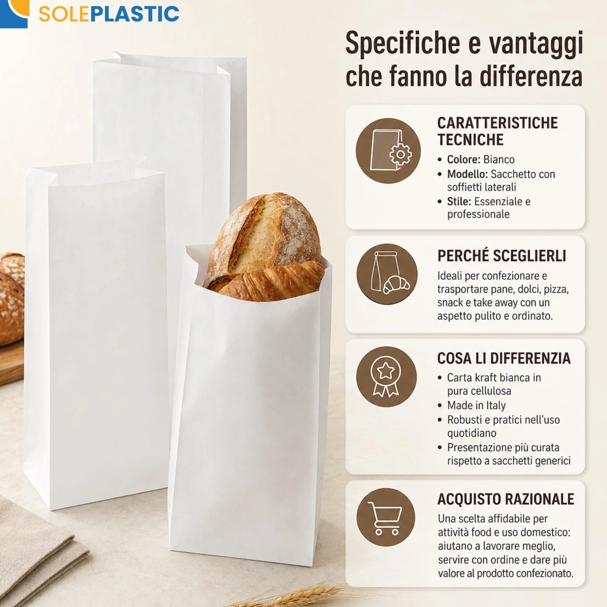 Sacchetti Carta per Alimenti Kraft 10 kg 14x28 cm Fondo Rinforzato Soffietti Laterali