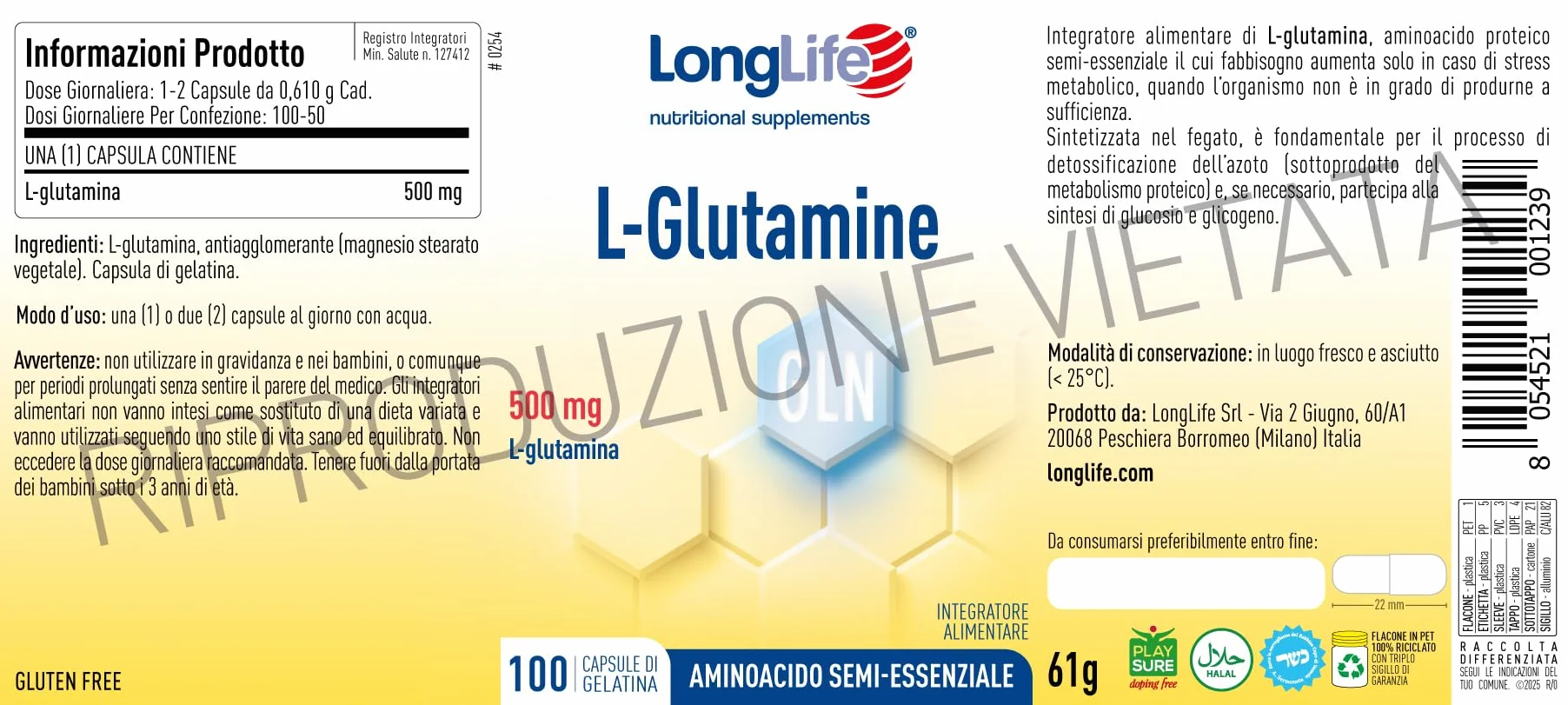 LongLife® L-Glutamine | 500 mg | Aminoacido semi-essenziale | Turnover proteico | Supporto muscolare | Alta purezza e qualità | 100 capsule di gelatina | Senza glutine e doping free
