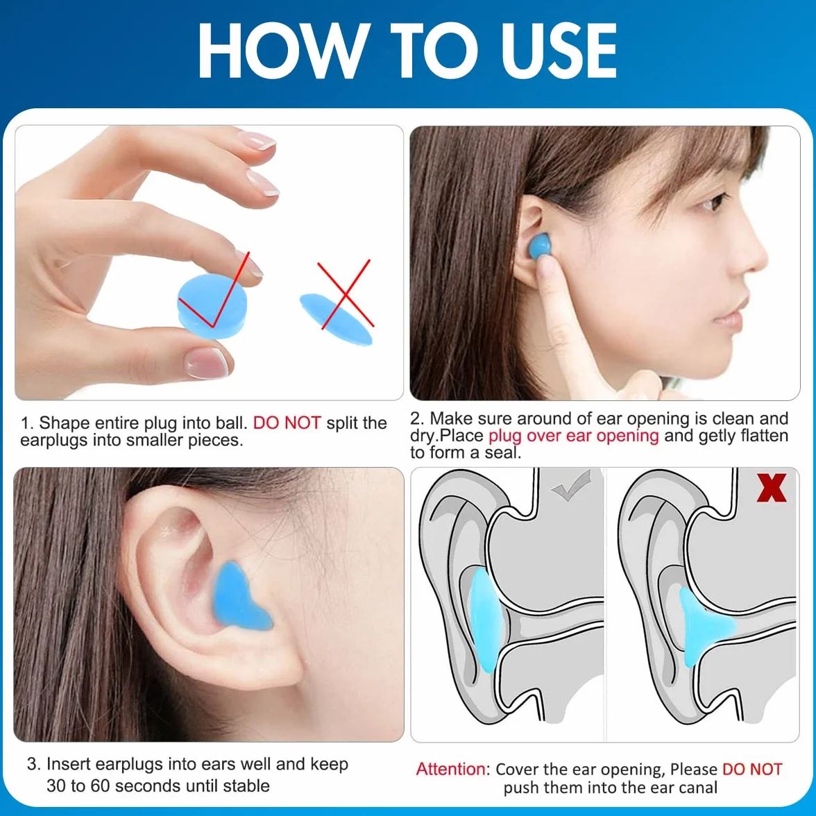 Tappi Orecchie Silicone Antirumore Morbidi Modellabili Riutilizzabili per Dormire, Nuoto, Lavoro (Blu)
