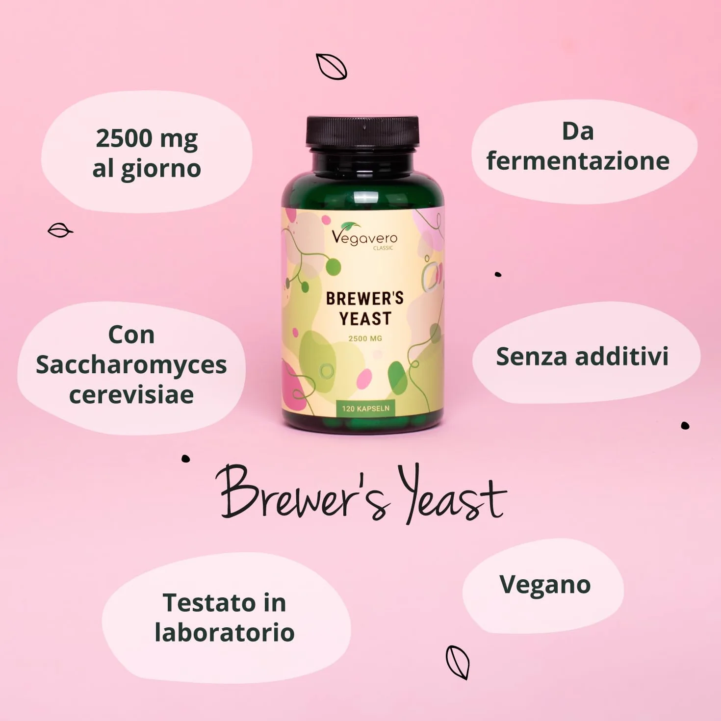Vegavero® Lievito di Birra 2500 mg 120 Capsule Integratore Capelli Unghie Pelle Biotina Zinco Selenio Vegan