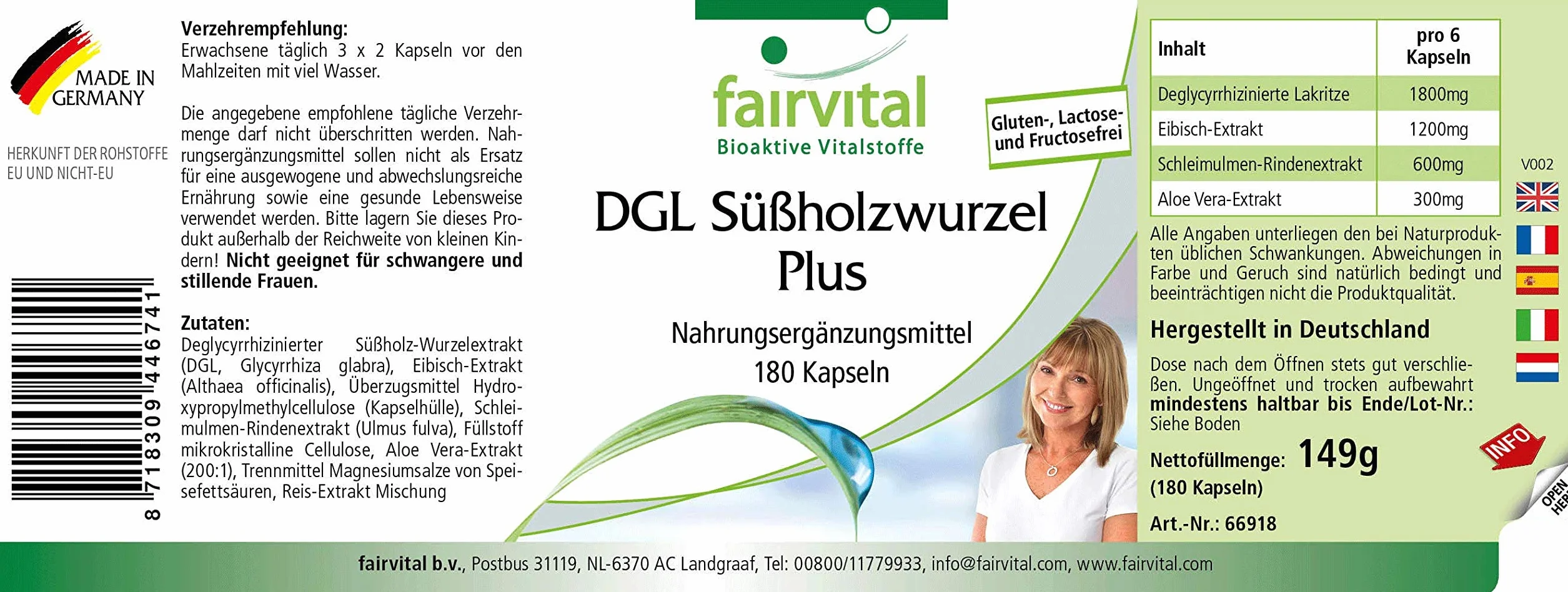 Fairvital DGL Plus 180 kapsułek, wysoka dawka, wegańskie, z lukrecją, prawoślazem, wiązem czerwonym i aloesem