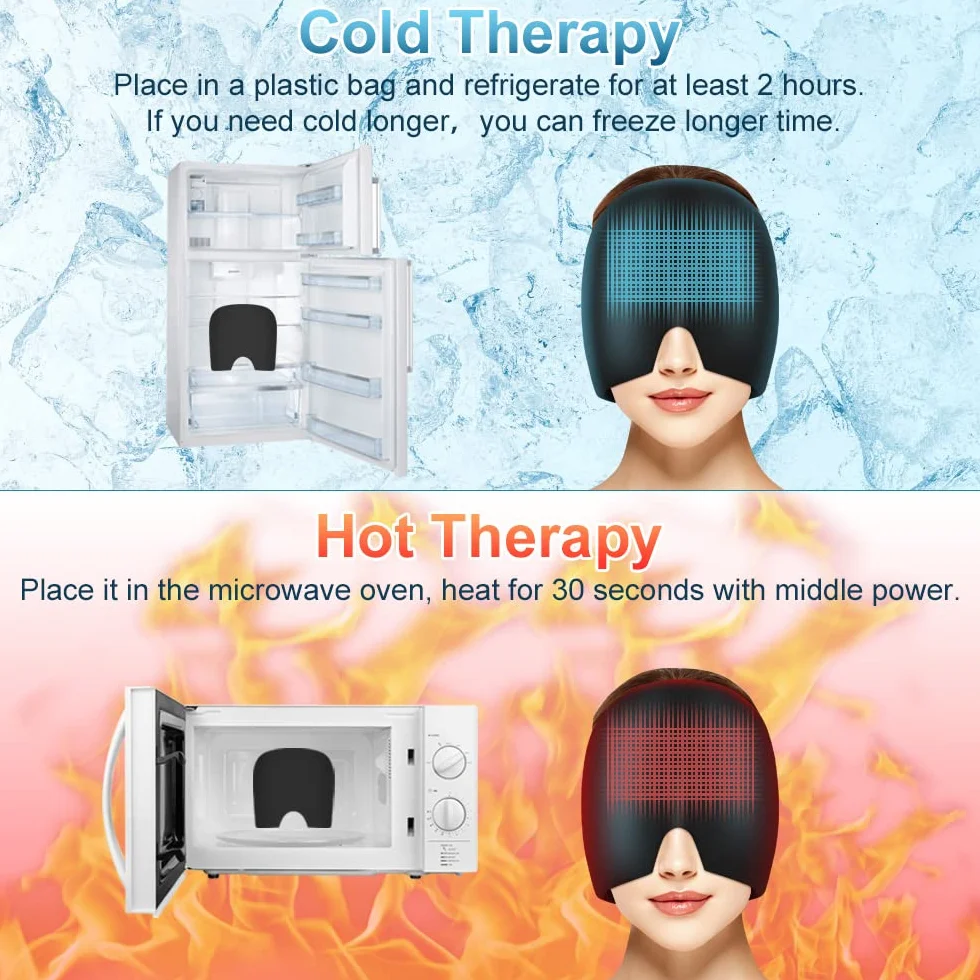 ACWOO Cappello per Emicrania, Riutilizzabile Cappello Mal di Testa Gel Ghiaccio, Confortevole Cuscinetti Terapia Caldo/Freddo per Alleviare L'emicrania, Occhi Gonfie e Sinus Stress (Nero)