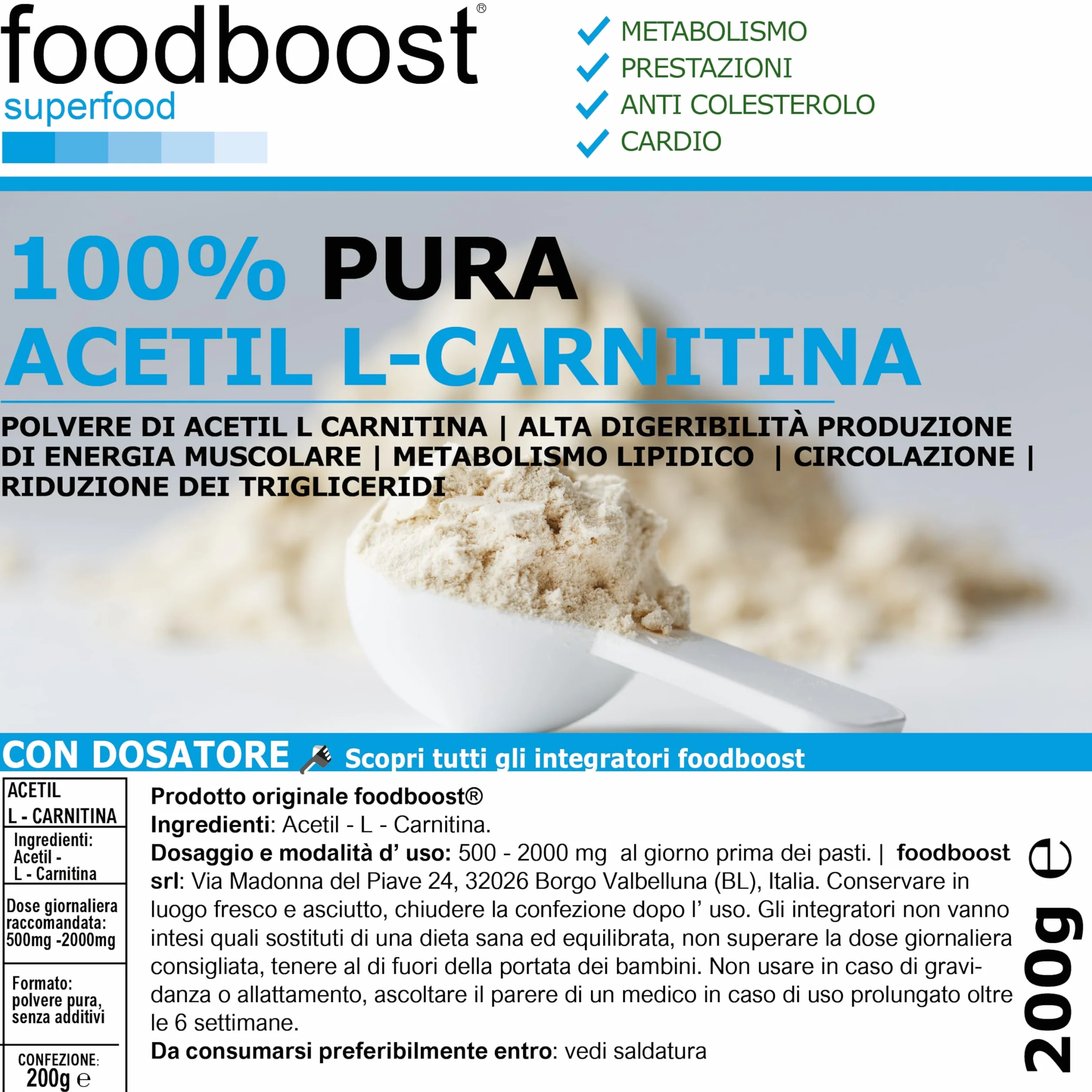 Acetil L-Carnitina pura in polvere 200g senza additivi per dimagrimento bruciagrassi pre workout 100 dosi