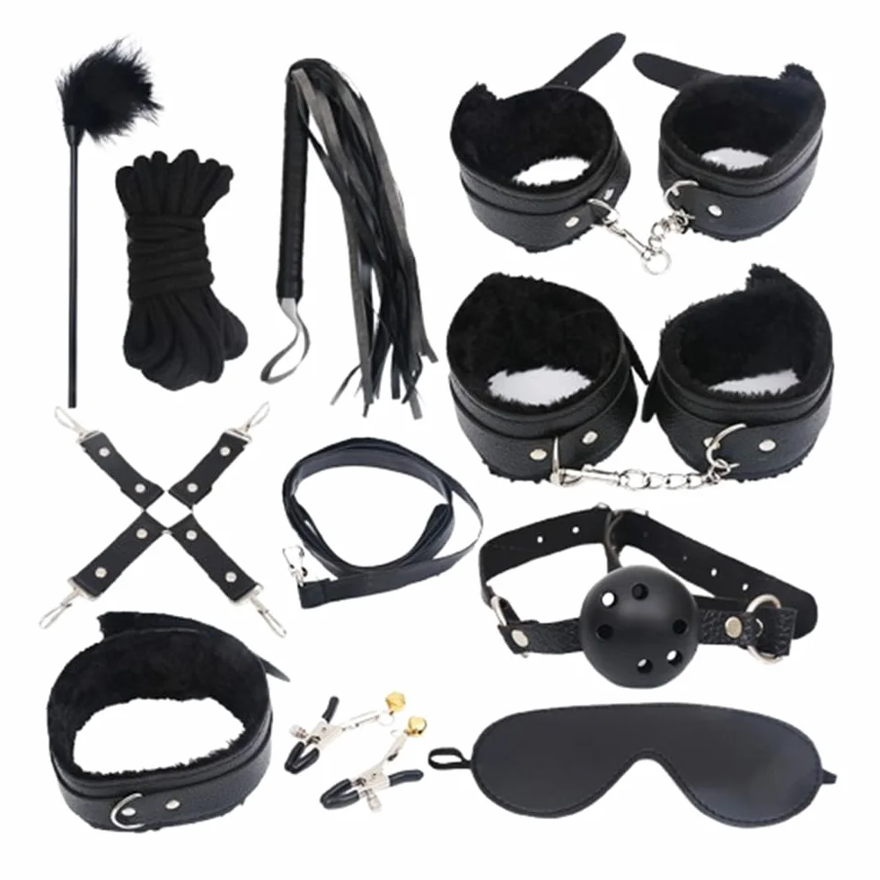 Coppia Prop Set Peluche Bracciale Collare Catena di Traino Frusta di Pelle Giocattolo (Nero)