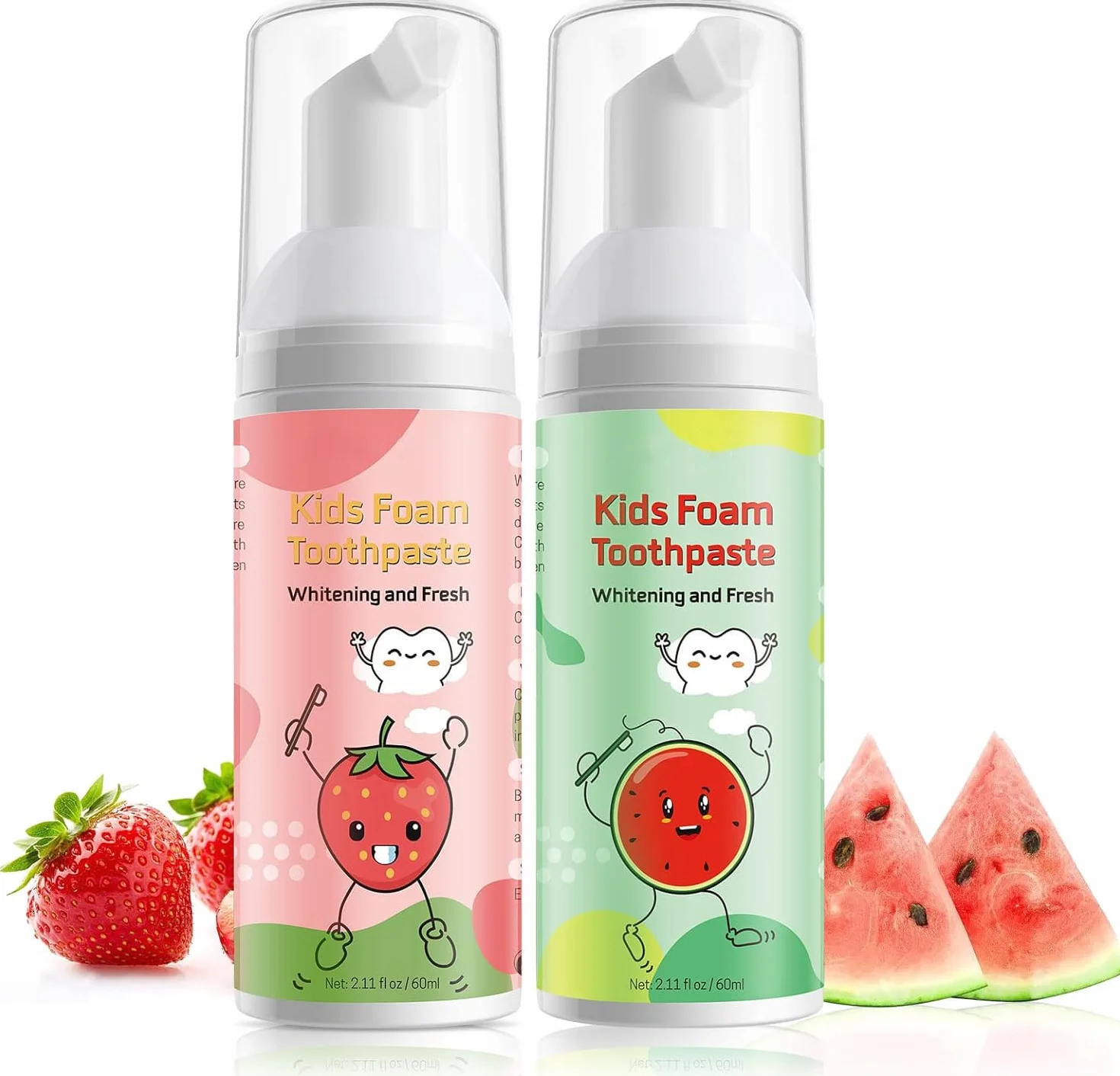 Dentifricio Schiuma Bambini, Riduce la Placca, Dentifricio in Schiuma Sbiancante a Basso Contenuto di Fluoro con Formula Naturale per Spazzolino a Forma di U dai 3 Anni in su (Fragola & Anguria)