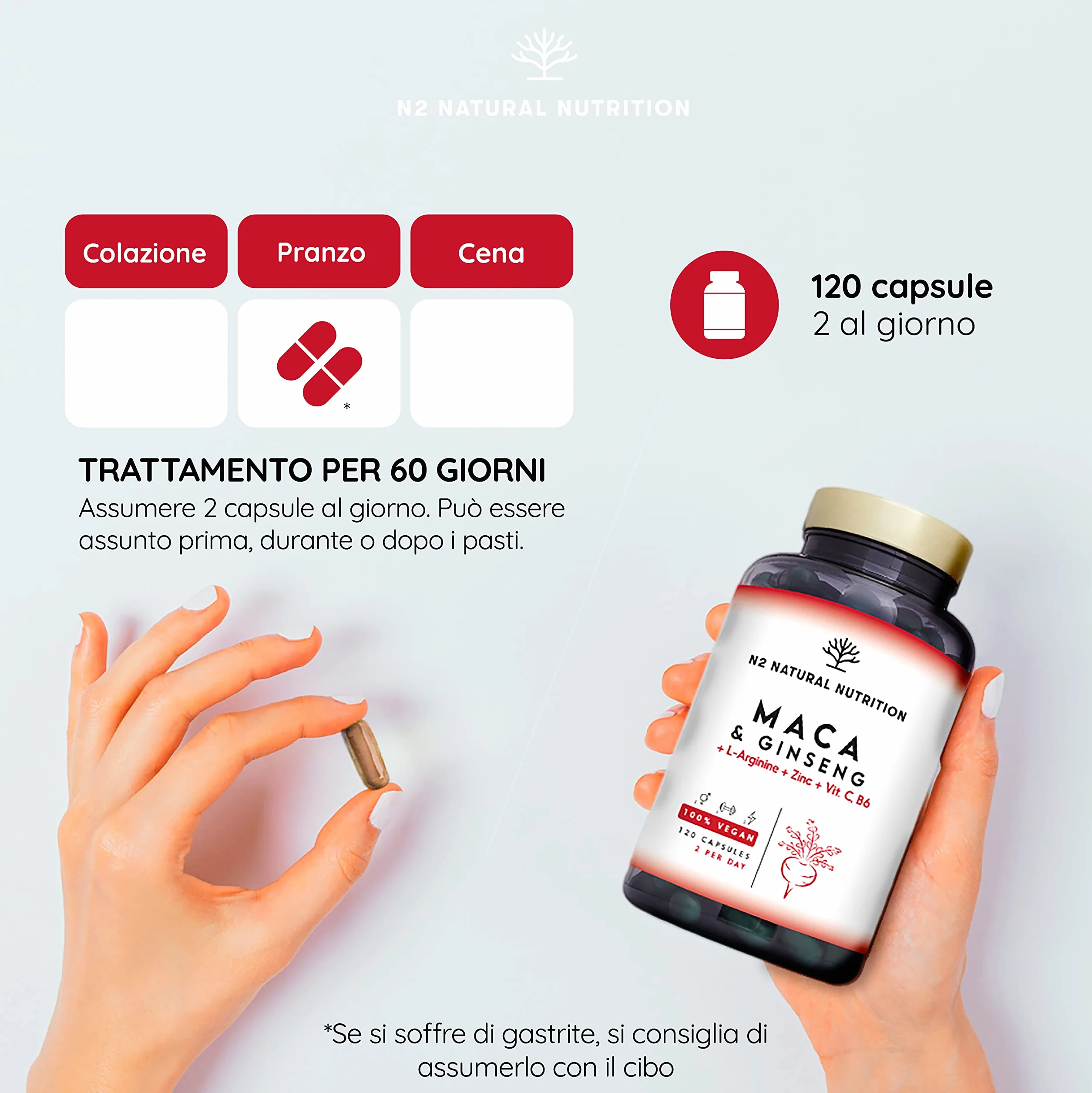 Maca Peruviana + Ginseng + L Arginina. Tripla Energia. Zinco + Vitamine C e B. Prestazioni sportive. Riduce Stanchezza e Fatica. Antiossidante. 120 Capsule. CE, Vegano, N2 Natural Nutrition