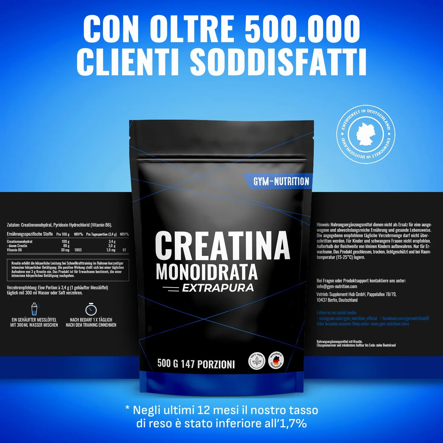 Creatina Monoidrata 500g 147 Porzioni Extrapura Senza Impurità Vegan Sviluppata Germania