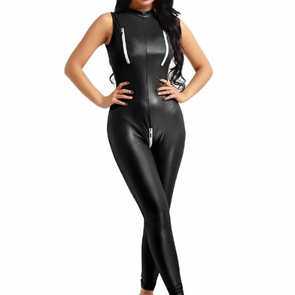Catsuit in Pelle Verniciata da Donna Tuta in Ecopelle Costume da Spettacolo,Black-M
