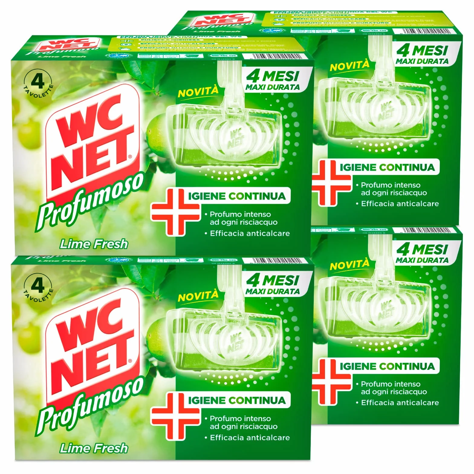 Wc Net - Tavoletta Profumoso 3 Effect, Detergente Igienizzante Solido per WC, Fragranza Lime Fresh, Lunga Duarata, 4 Pezzi x 4 Confezione