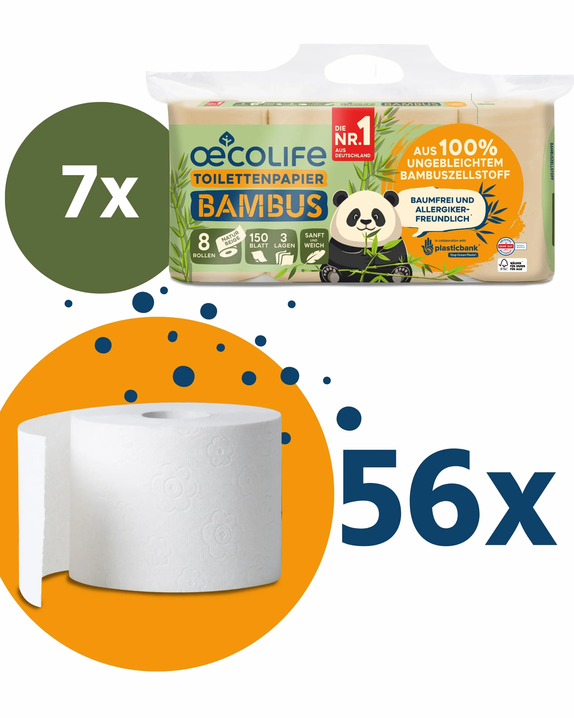 œcolife Carta igienica in bambù 3 strati 56 x 150 fogli per rotolo sostenibile confezione da 60% PCR 56 rotoli