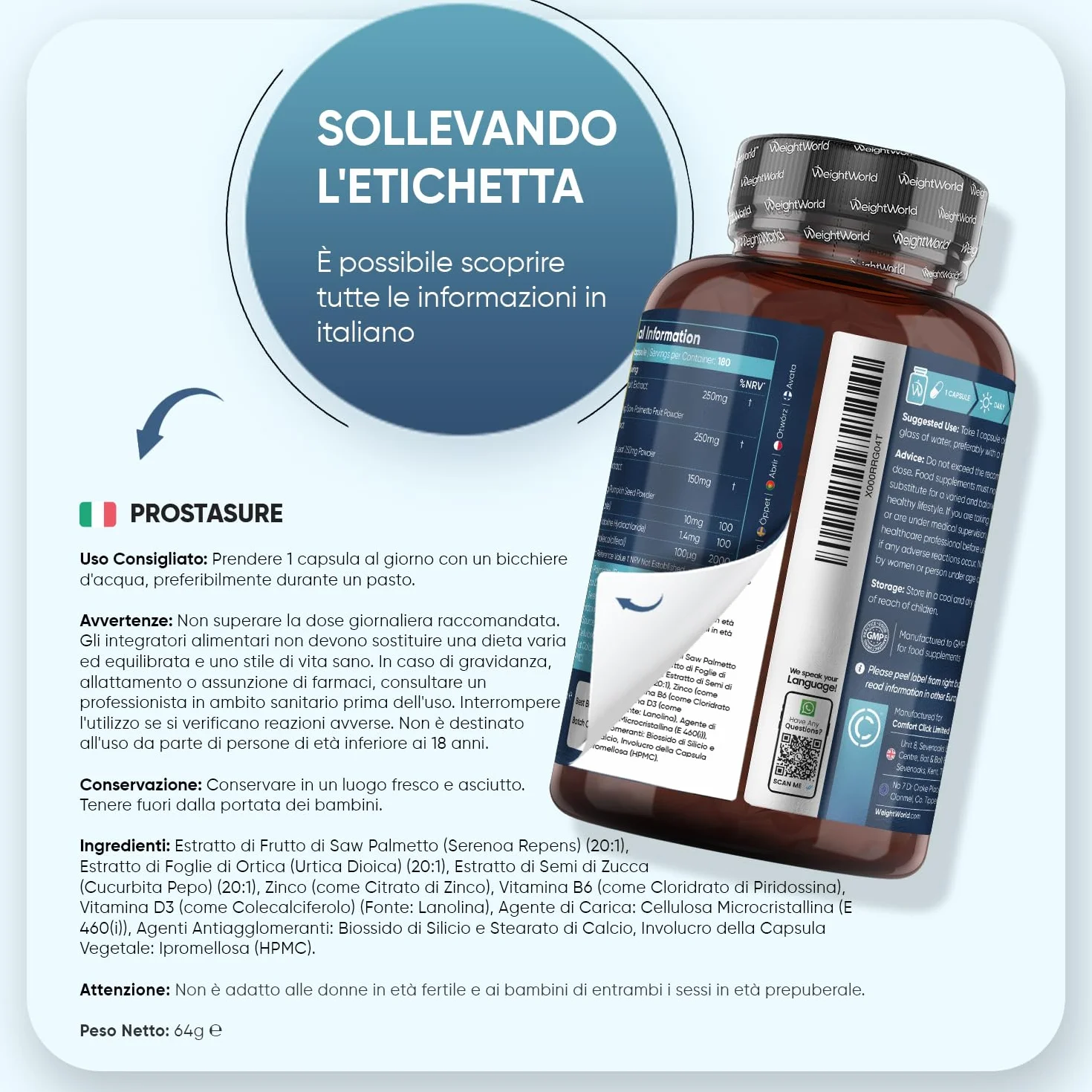Serenoa Repens 180 Capsule Vegetariane Saw Palmetto Estratto 20:1 Semi di Zucca Ortica Zinco Vitamina D3 B6 Integratore Uomo