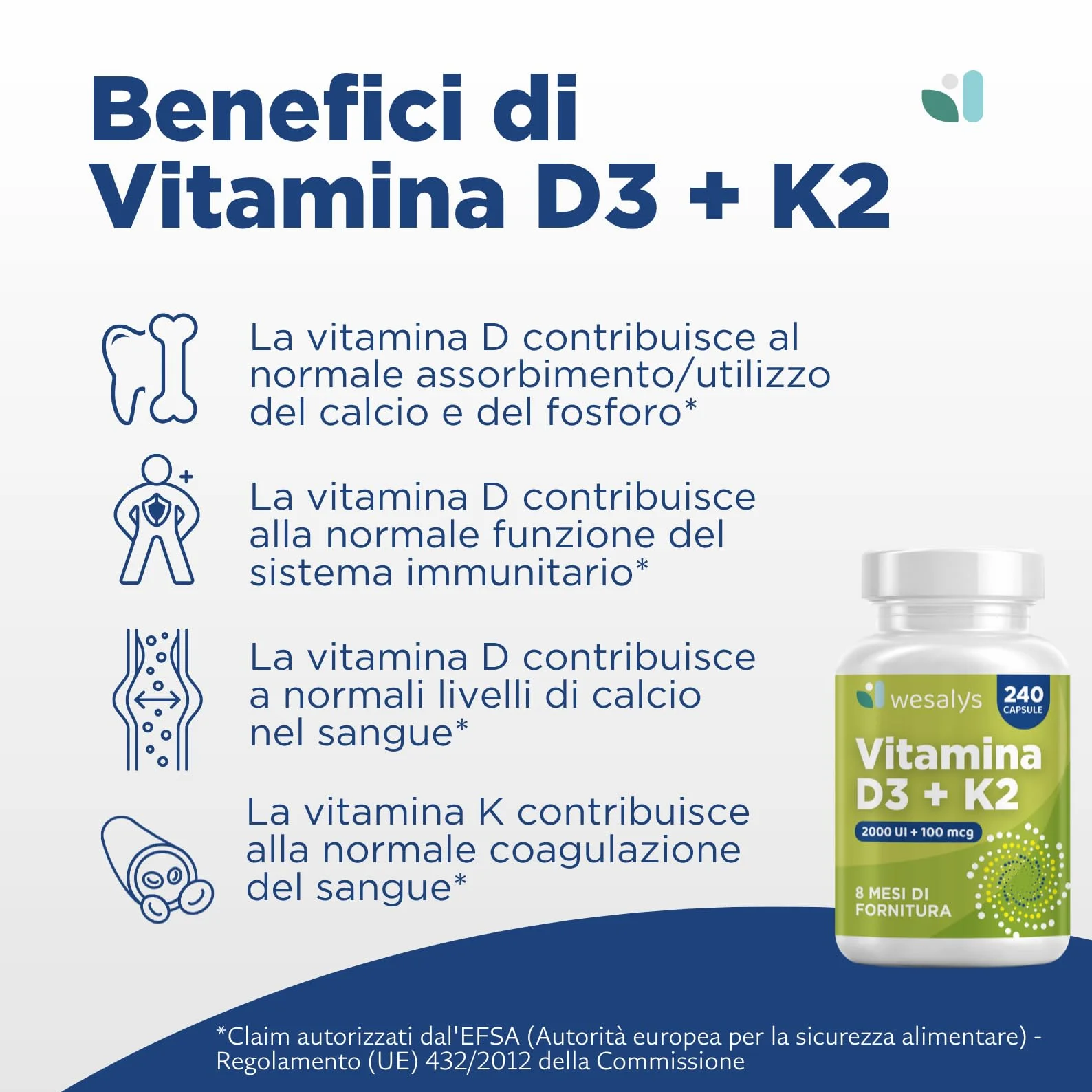 Vitamina D3 K2 240 Capsule (8 Mesi), Vitamin D3 2000 UI + 100 µg Vitamina K Menachinone. La Vitamina K Contribuisce al Mantenimento di Ossa Normali (EFSA). Vit Wesalys