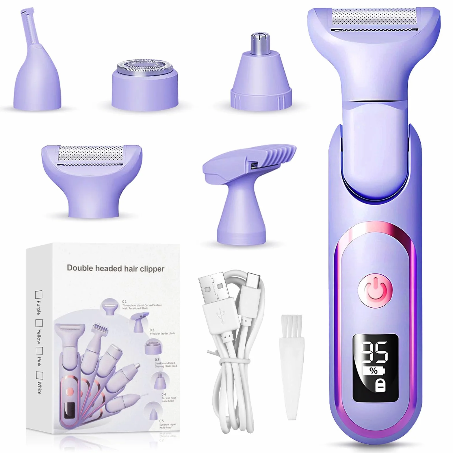 Rasoio elettrico da donna 5 in 1, rasoio intimo da donna, rasoio elettrico per donne, trimmer per corpo, intimo, bikini, per viso, ascelle, gambe, braccia e zona bikini