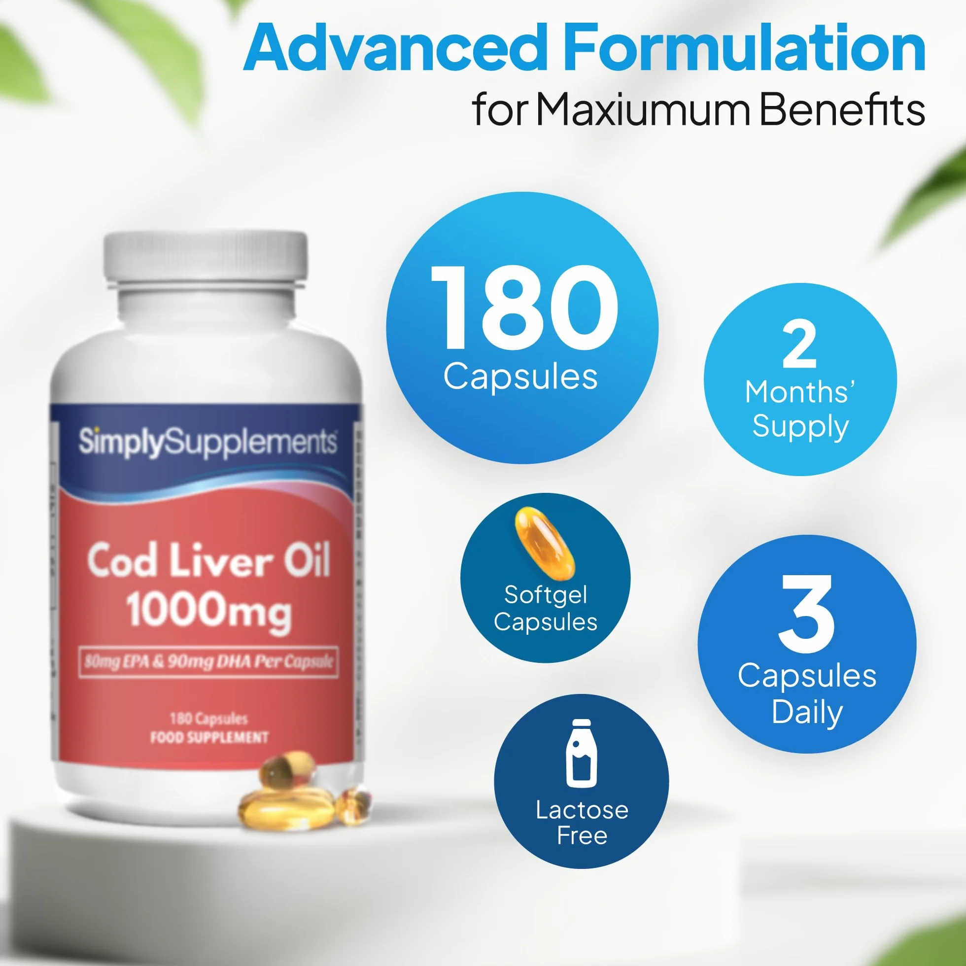 Olio Di Fegato Di Merluzzo 1000mg Omega 3 EPA DHA 180 Capsule Supporto Cervello Vista Immunità
