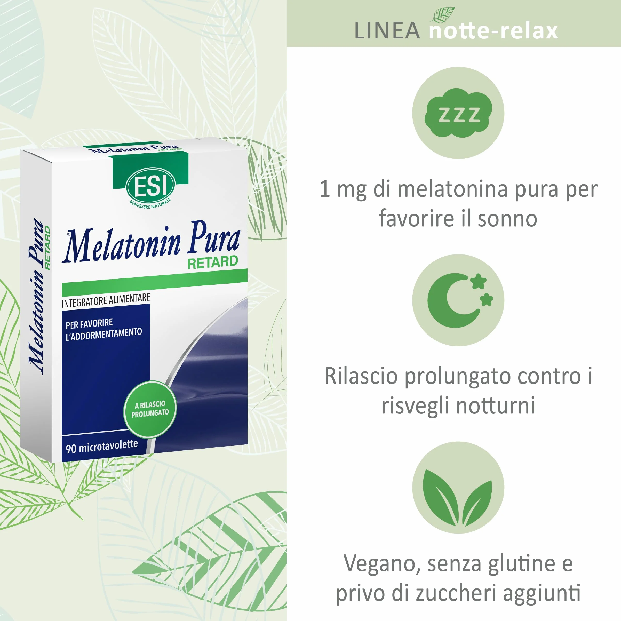ESI Melatonina Pura Retard Integratore Alimentare Rilascio Prolungato 90 Microtavolette Senza Glutine Vegan