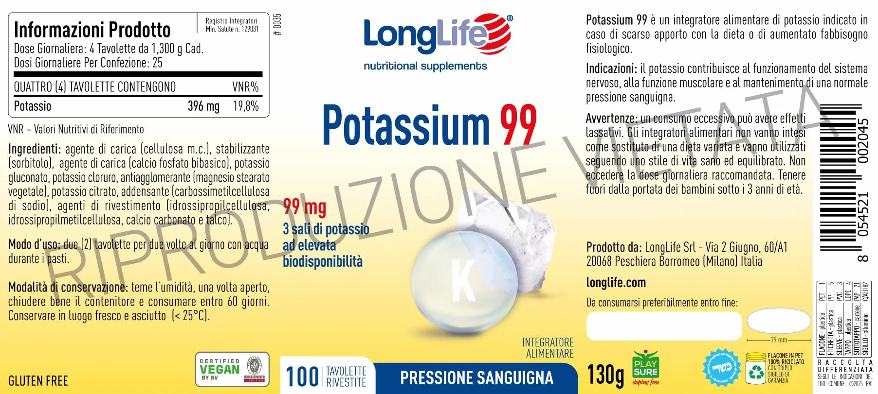 LongLife® Potassium 99 | 3 sali di potassio | Ad alta biodisponibilità | 100 tavolette rivestite | Pressione sanguigna, funzione muscolare e neurologica | Vegano e senza glutine