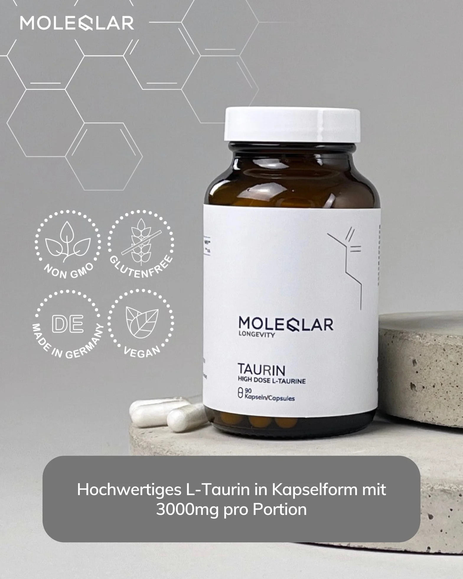 MoleQlar Capsule di taurina 90 pezzi – 2550 mg L-taurina ad alta purezza per porzione – Supporto ottimale in caso di maggiore necessità di taurina – vegano, ad alta purezza, senza OGM