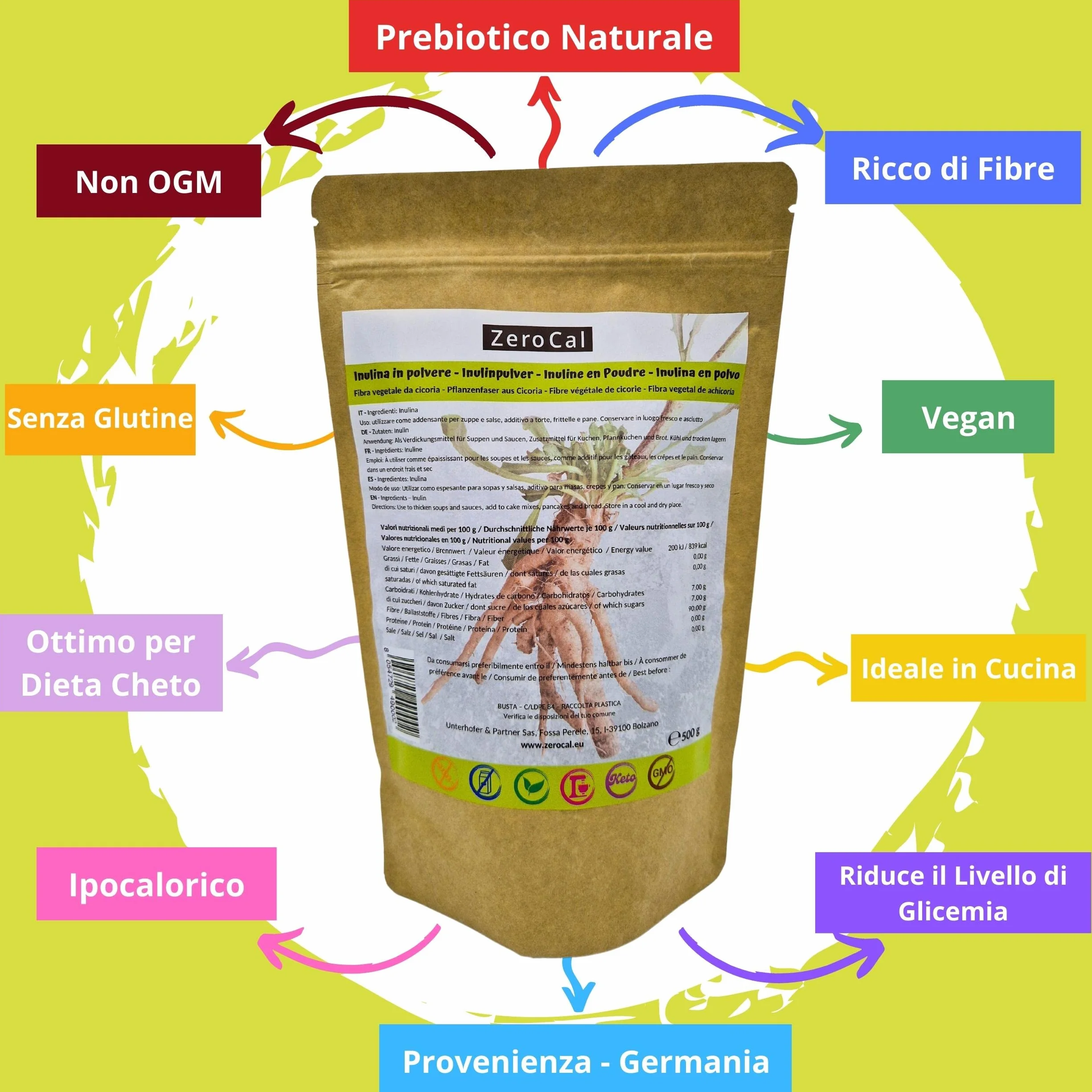 ZeroCal - Inulina da Cicoria in Polvere Pura 500g | Fibra Vegetale Prebiotica da Radici di Cicoria | Basso Contenuto Calorico | Provenienza Germania