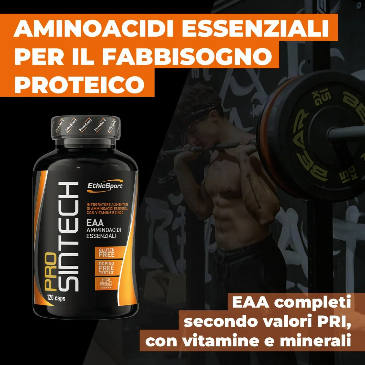 EthicSport - Prosintech - Barattolo da 120 cps - Integratore Alimentare di Amminoacidi Essenziali (EAA) con Vitamine e Zinco, utile per massimizzare la sintesi proteica