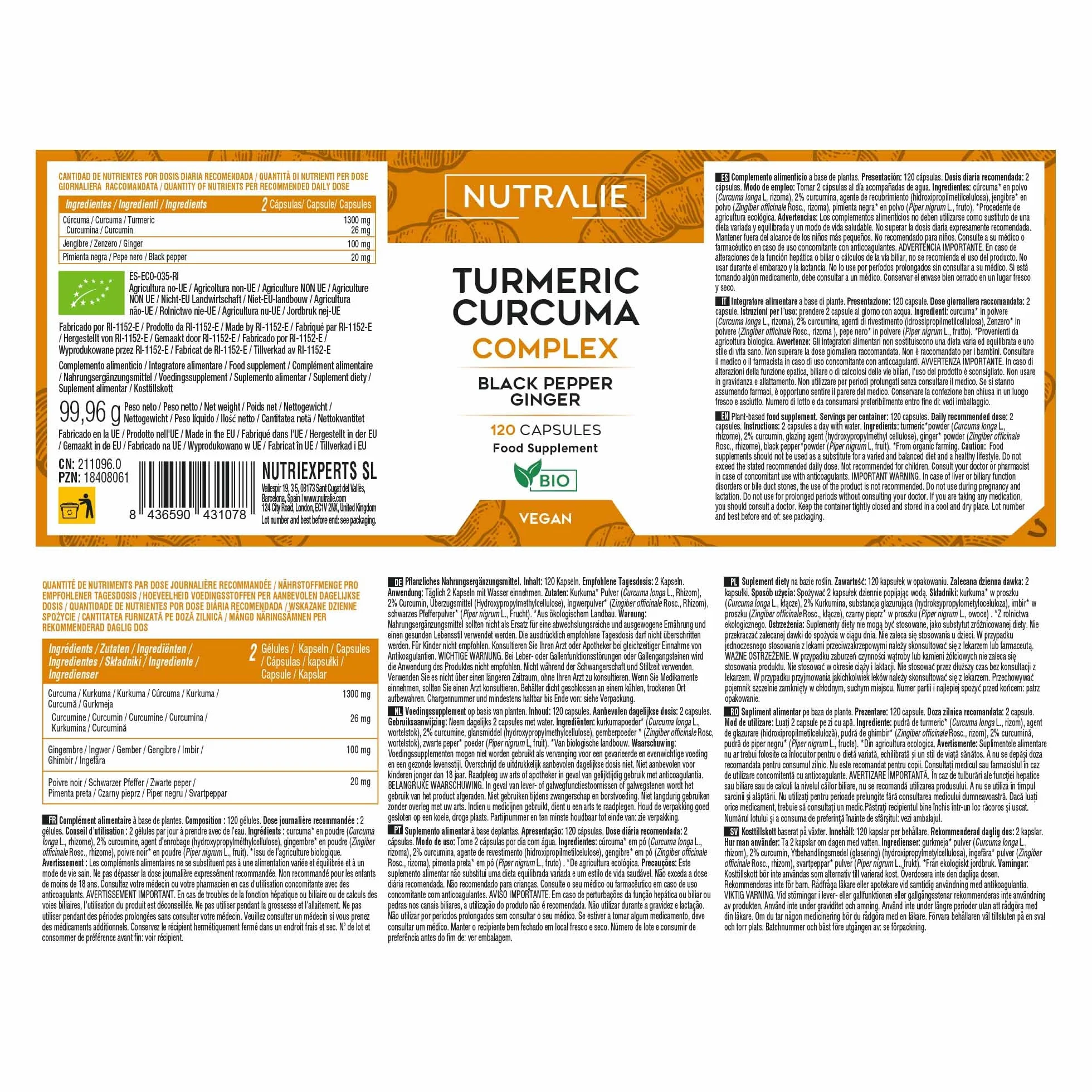 Nutralie Curcuma BIO Capsule 1420mg Curcumina e Piperina Zenzero Pepe Nero 120 Capsule