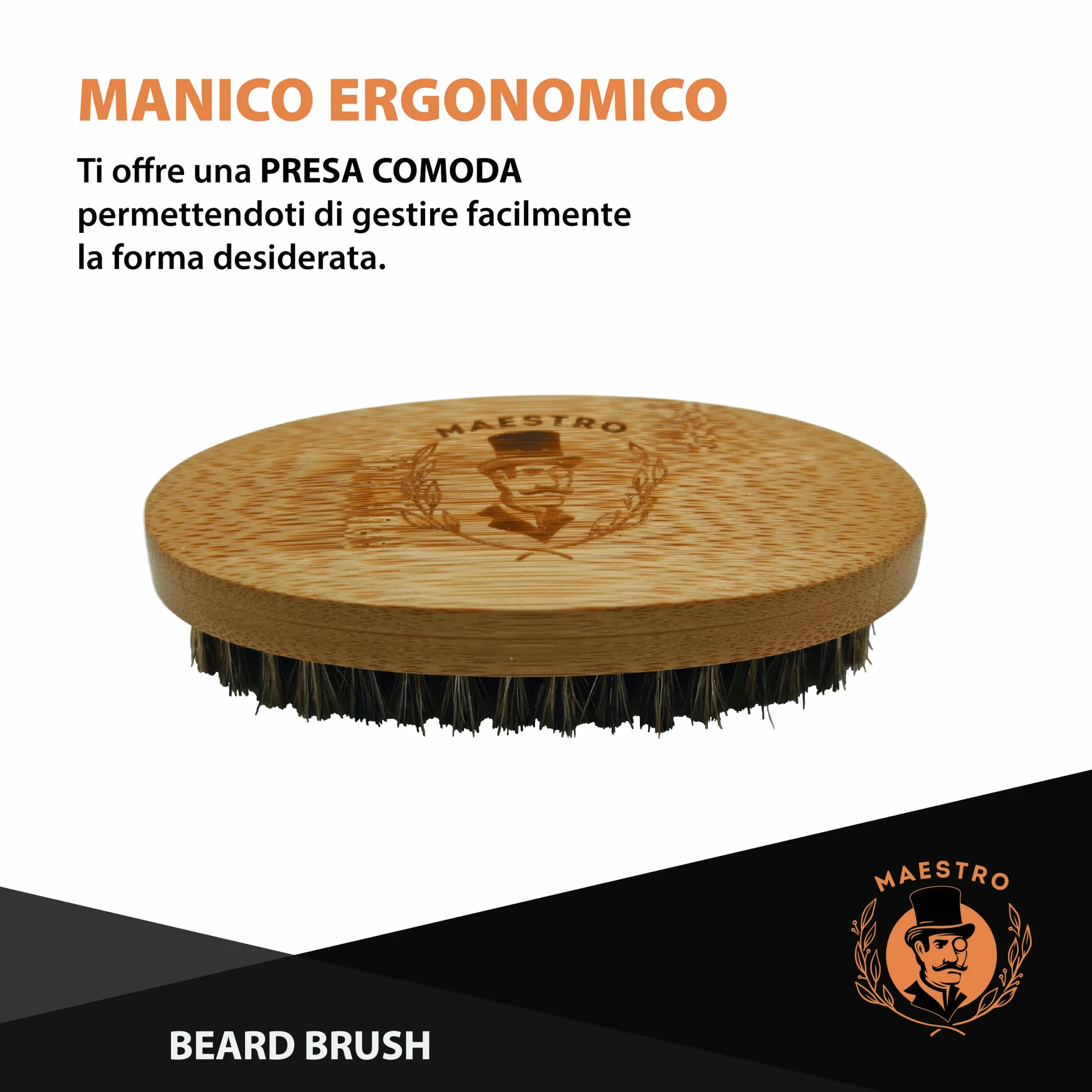 Spazzola da Barba Maestro Setole Naturali di Cinghiale Manico Ergonomico