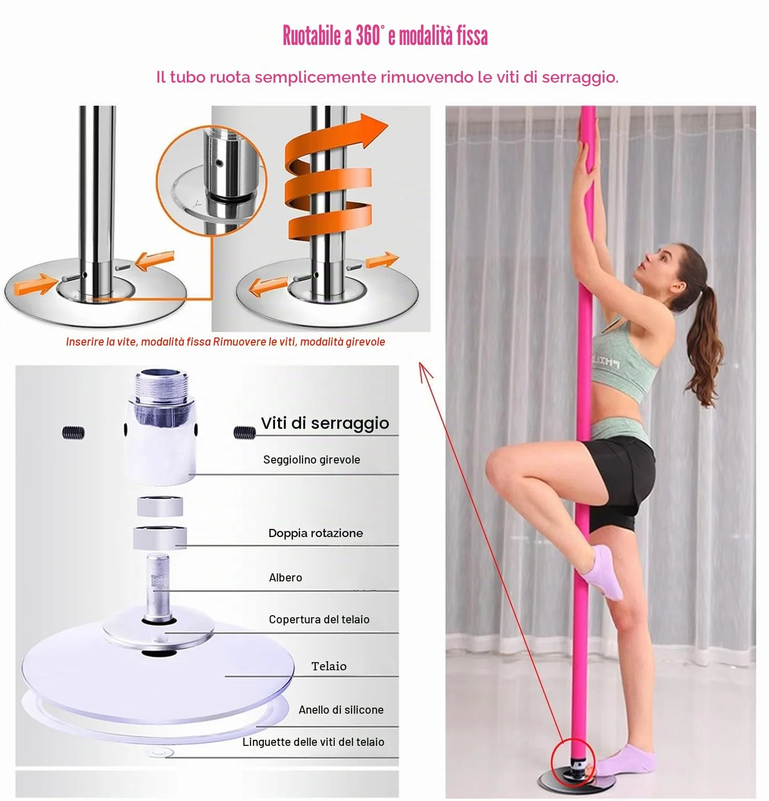 Kit pole dance portatile spinning e statico, silicone, autoportante, regolabile, 2,3-3 m