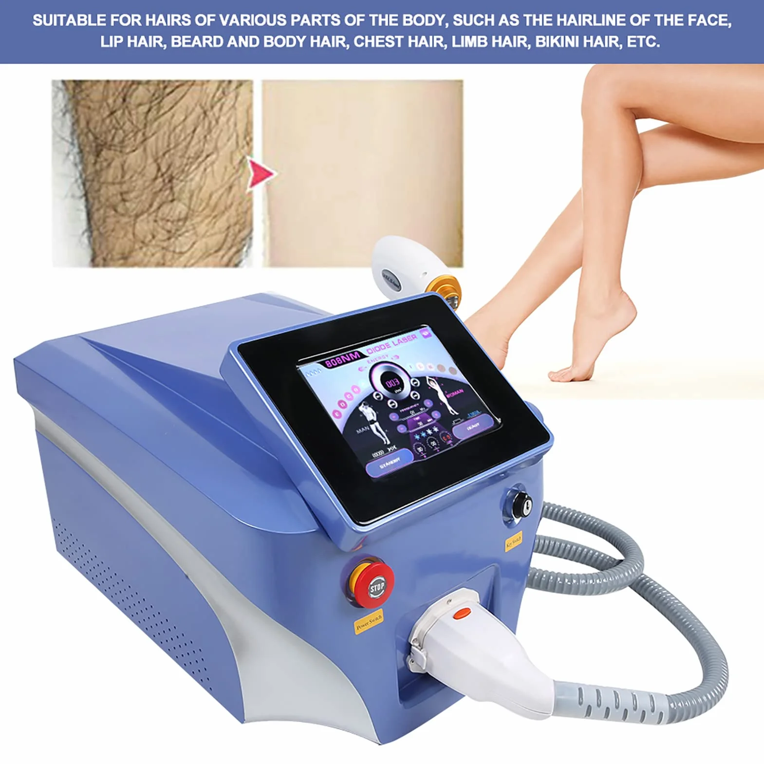 Macchina per la Depilazione, Epilatore Facciale Professionale per il Corpo con 3 Lunghezze D'onda, Macchina per la Depilazione Permanente con Laser a Diodi 808 per Donne e Uomini