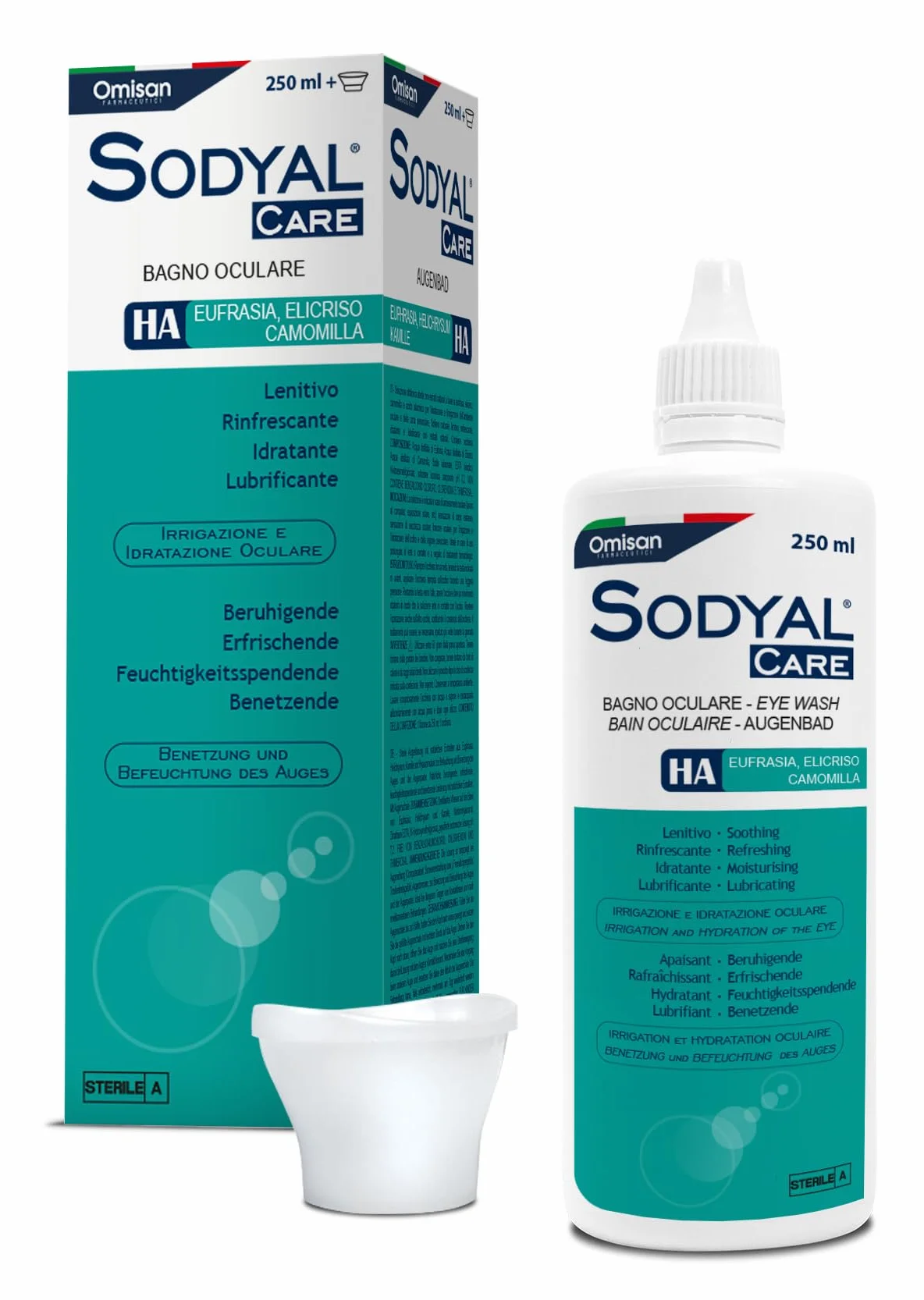 Sodyal Care Bagno Oculare per l’igiene e l’idratazione dell'occhio. Con Acido ialuronico, Eufrasia, Elicriso e Camomilla - 250 ml + Occhiera inclusa