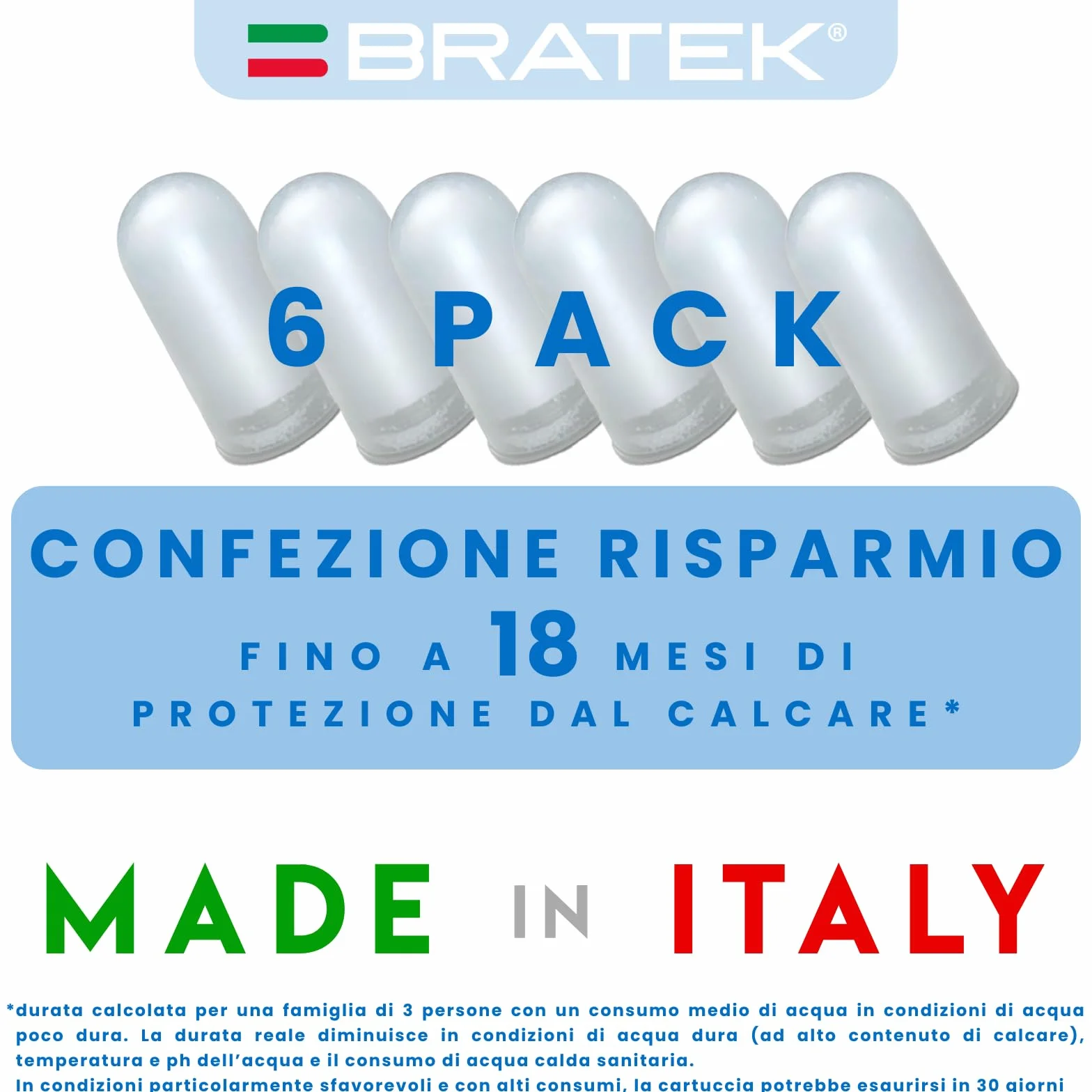 Bratek Polifosfati per Caldaia Ricarica Cartucce Universali Made in Italy - 6 Cartucce Dosatore Compatibili Filtro Anticalcare Standard