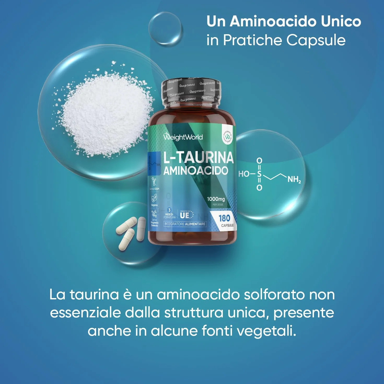 Taurina Integratore 1000mg 180 Capsule Polvere Vegana Aminoacidi Essenziali Pre Workout Post Workout Prodotto in Europa