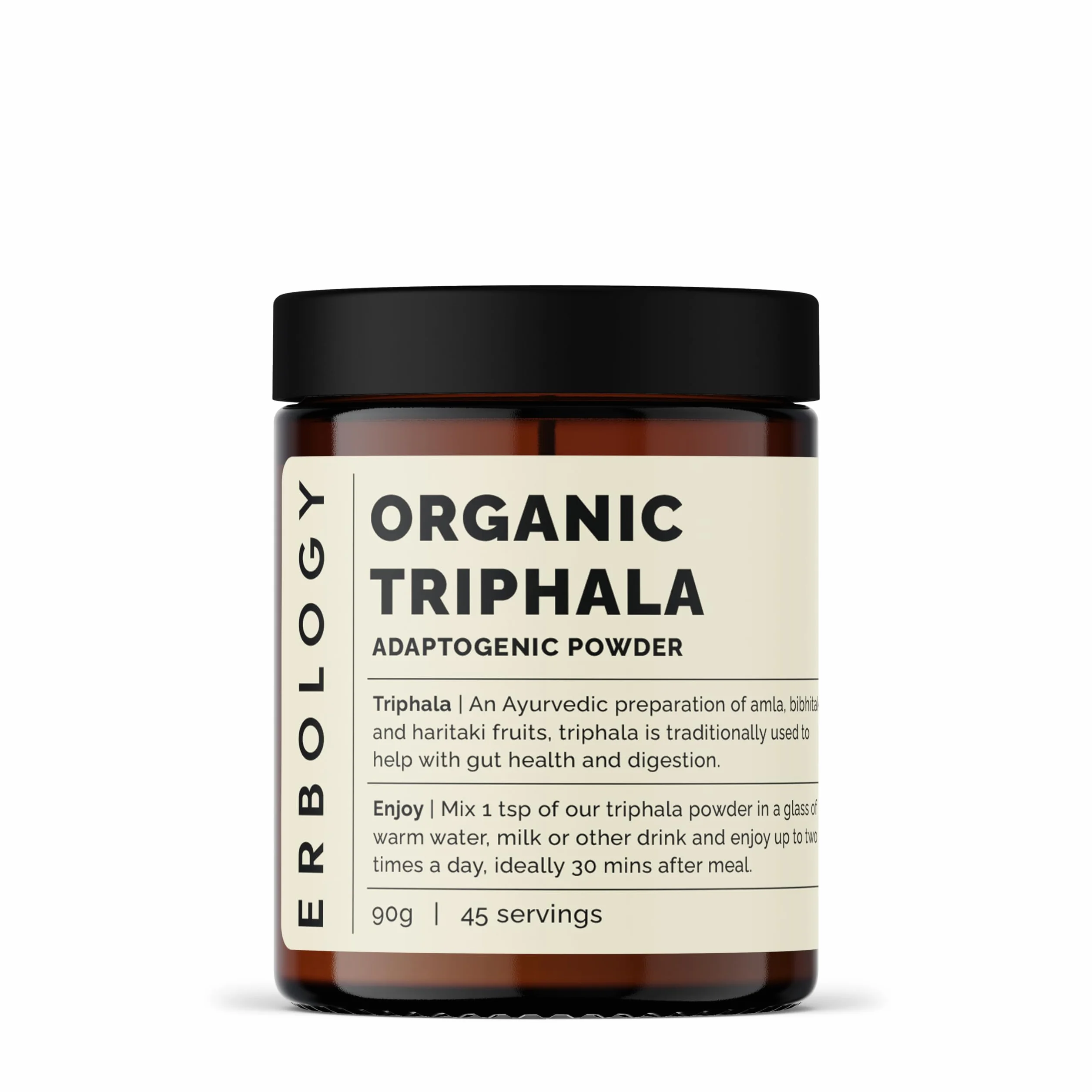 Erbology Triphala in Polvere Bio 90g - 45 Porzioni - Miscela Ayurvedica di Amla, Haritaki e Bibhitaki - Salute Intestinale - Direttamente dalla Fattoria in India - Piccoli Lotti - Vegana - Senza OGM