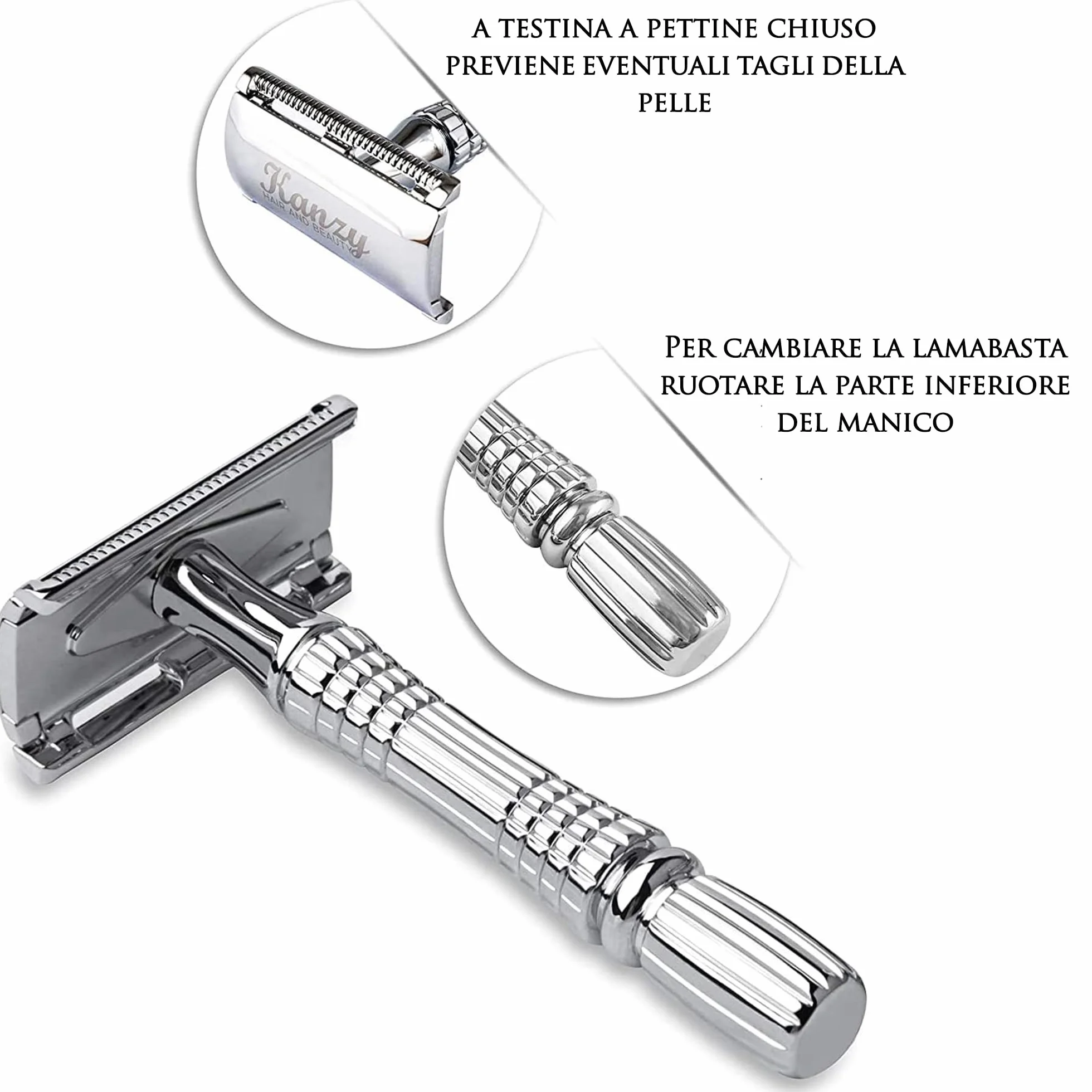 Rasoio di Sicurezza a Doppio Filo per Barba con 10 lame Manico Cromato Safety Razor