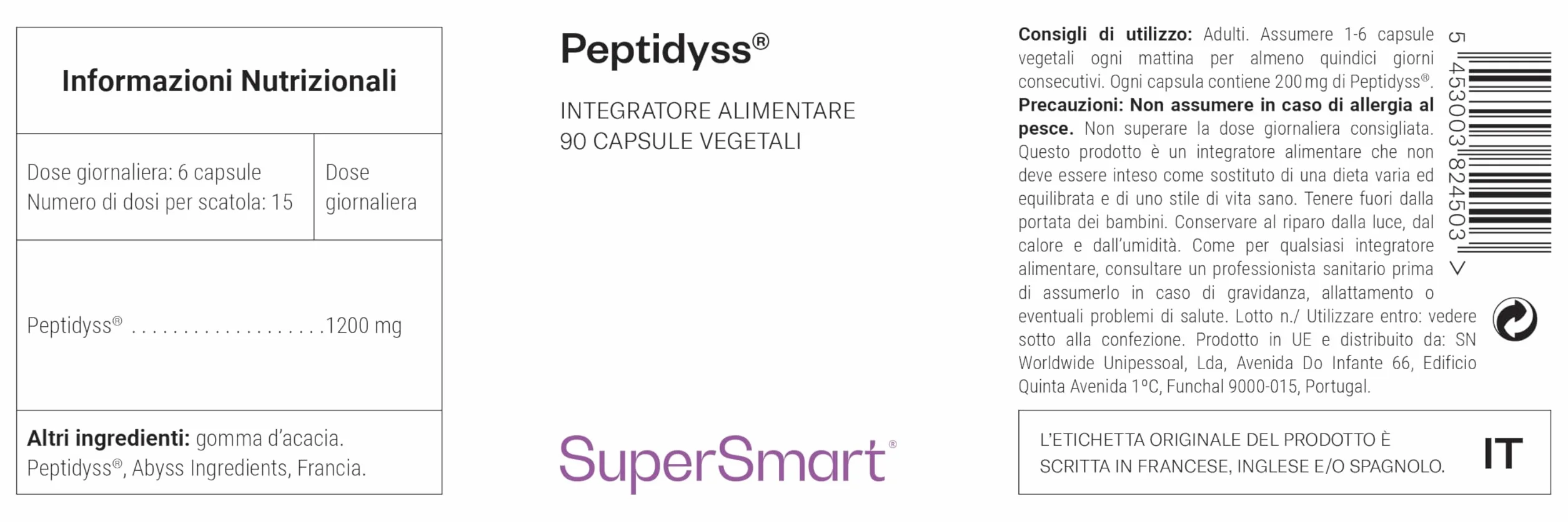 Supersmart Peptidyss Proteine del Pesce Idrosalate 90 Capsule Vegetariane Anti-Stress No-OGM Gluten Free