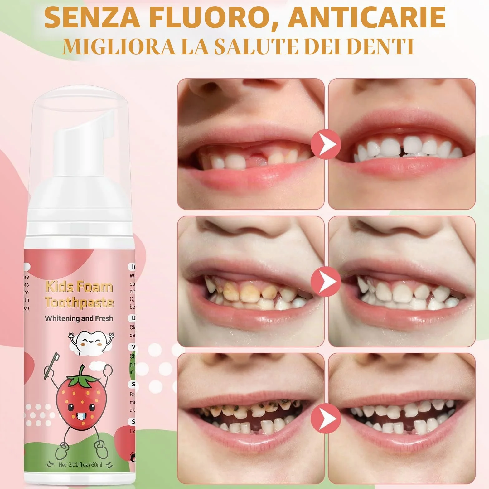Dentifricio Schiuma Bambini, Riduce la Placca, Dentifricio in Schiuma Sbiancante a Basso Contenuto di Fluoro con Formula Naturale per Spazzolino a Forma di U dai 3 Anni in su (Fragola & Anguria)