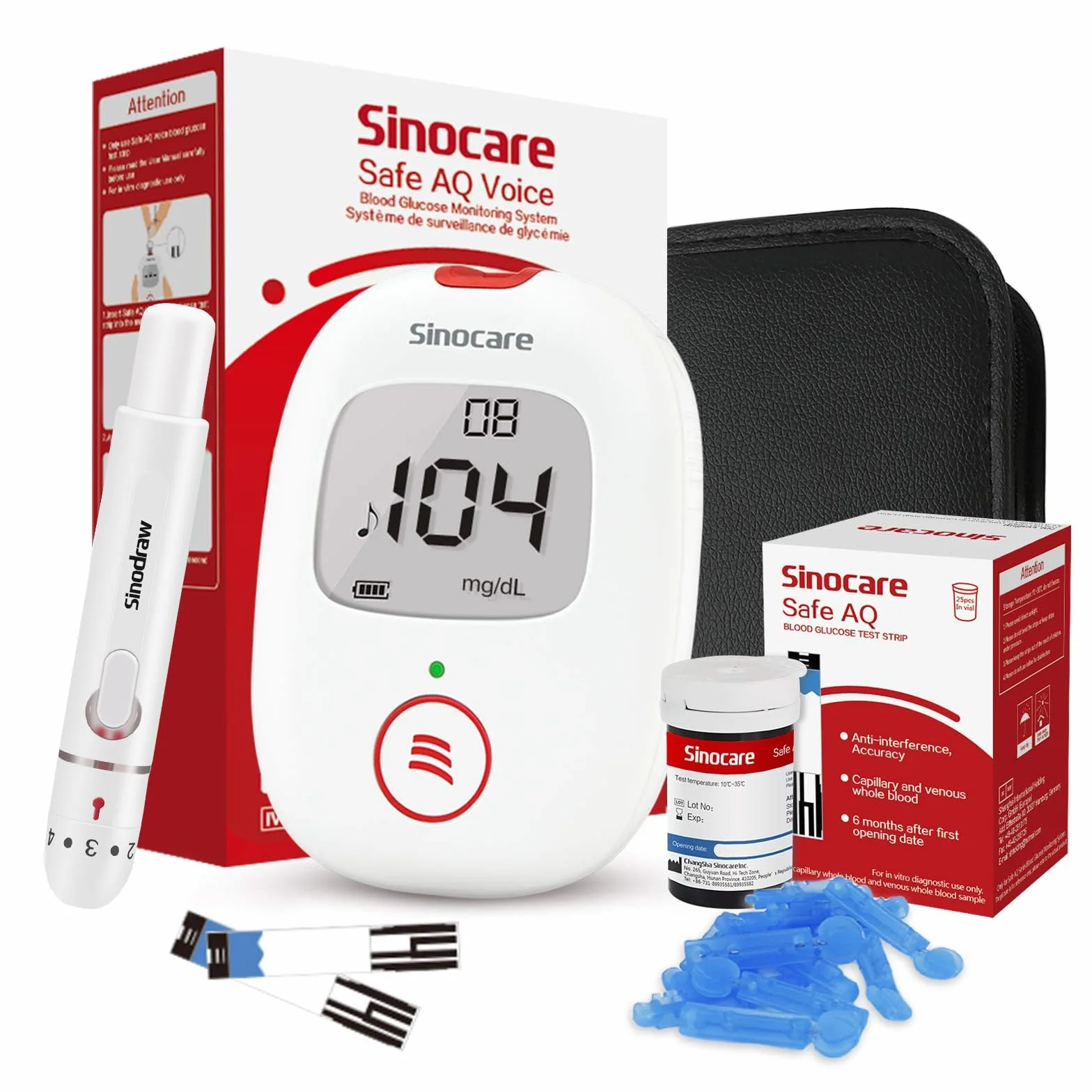 Sinocare Safa AQ Voice Misuratore Glicemia Glucometro, 25 Strisce e 25 Lancette
