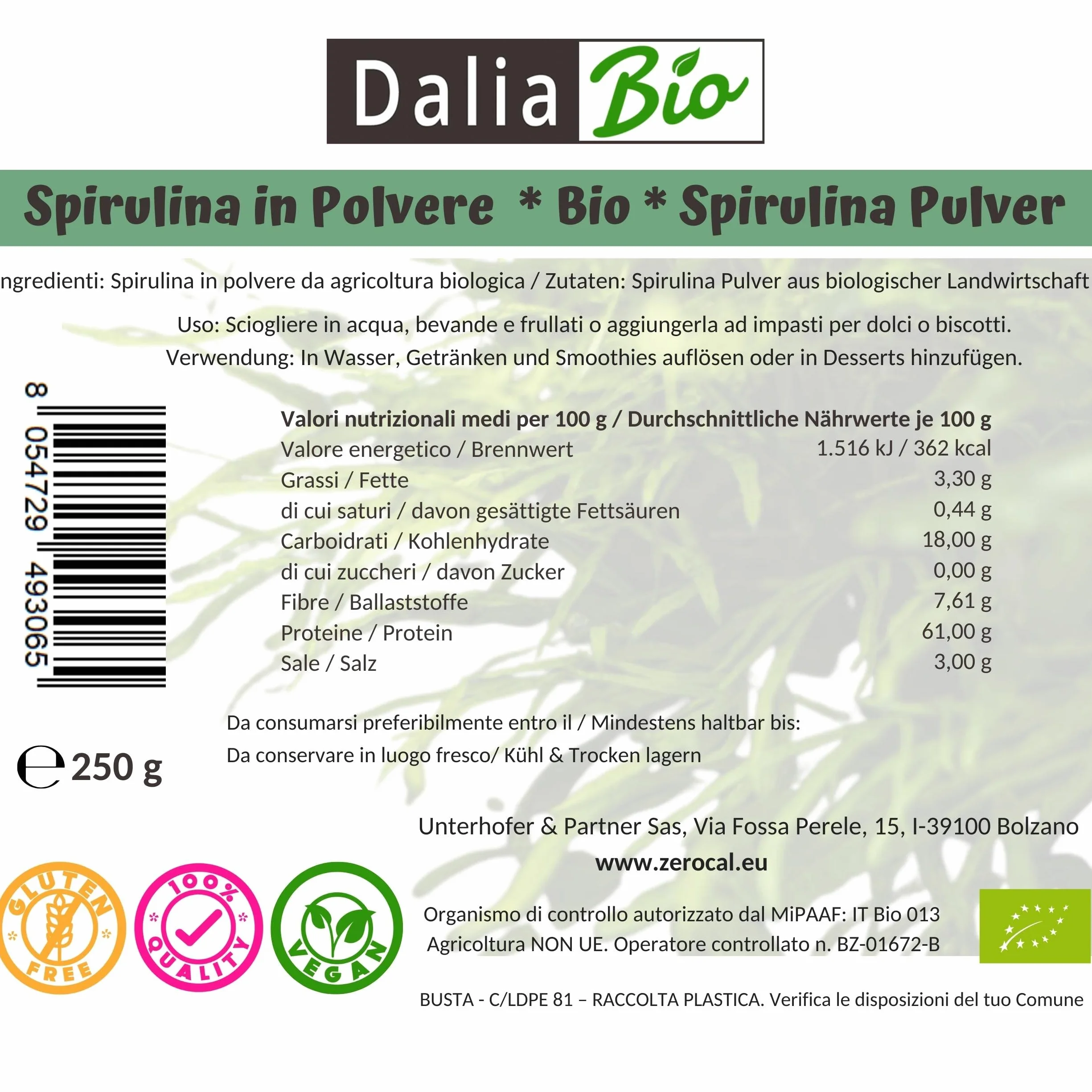 Spirulina Biologica In Polvere 250 Gr Ricca di Proteine, Calcio e Vitamine