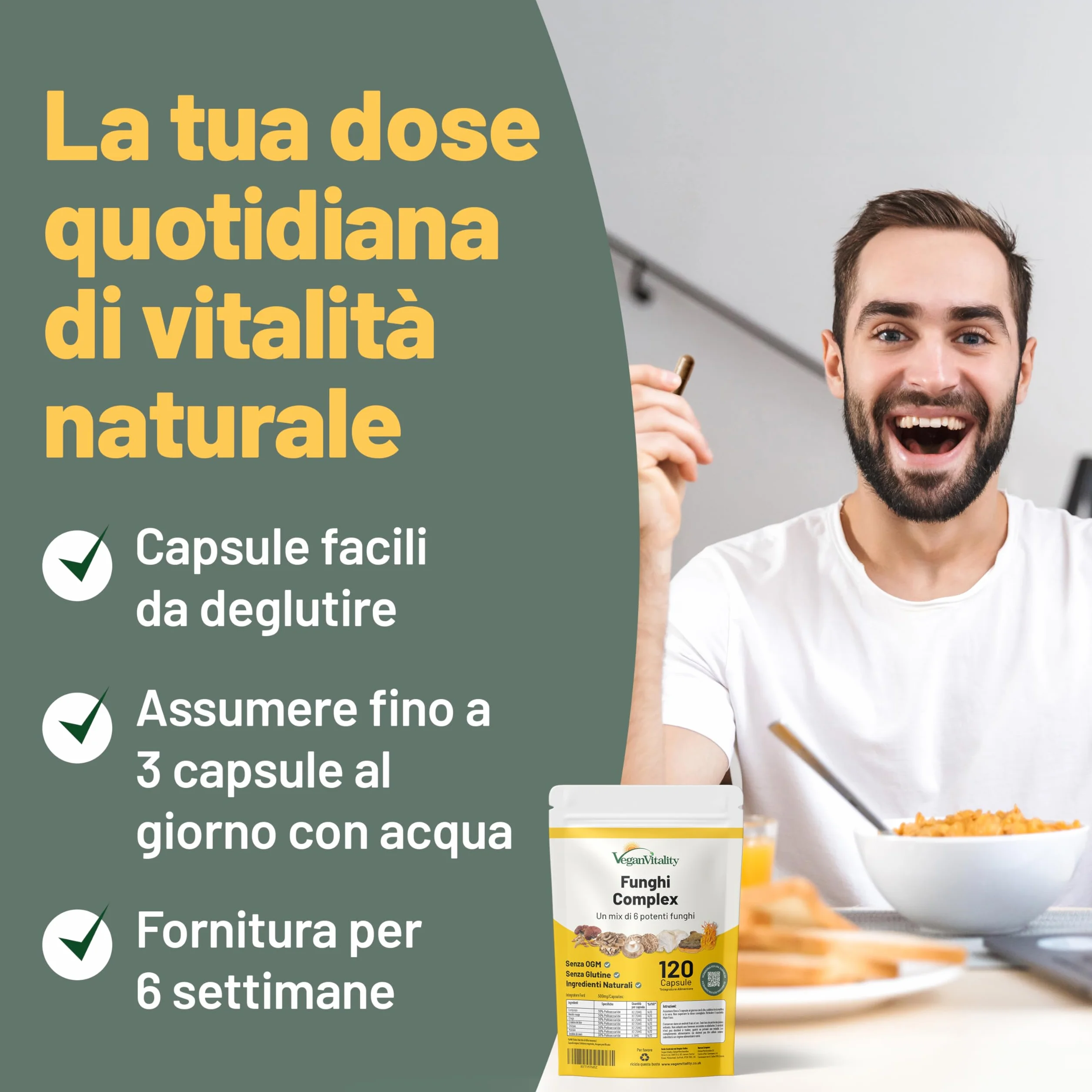 Vegan Vitality Integratore di 6 Funghi: Reishi, Lions Mane, Cordyceps, Chaga, Shiitake e Maitake - 120 Capsule da 500mg – Formula Concentrata