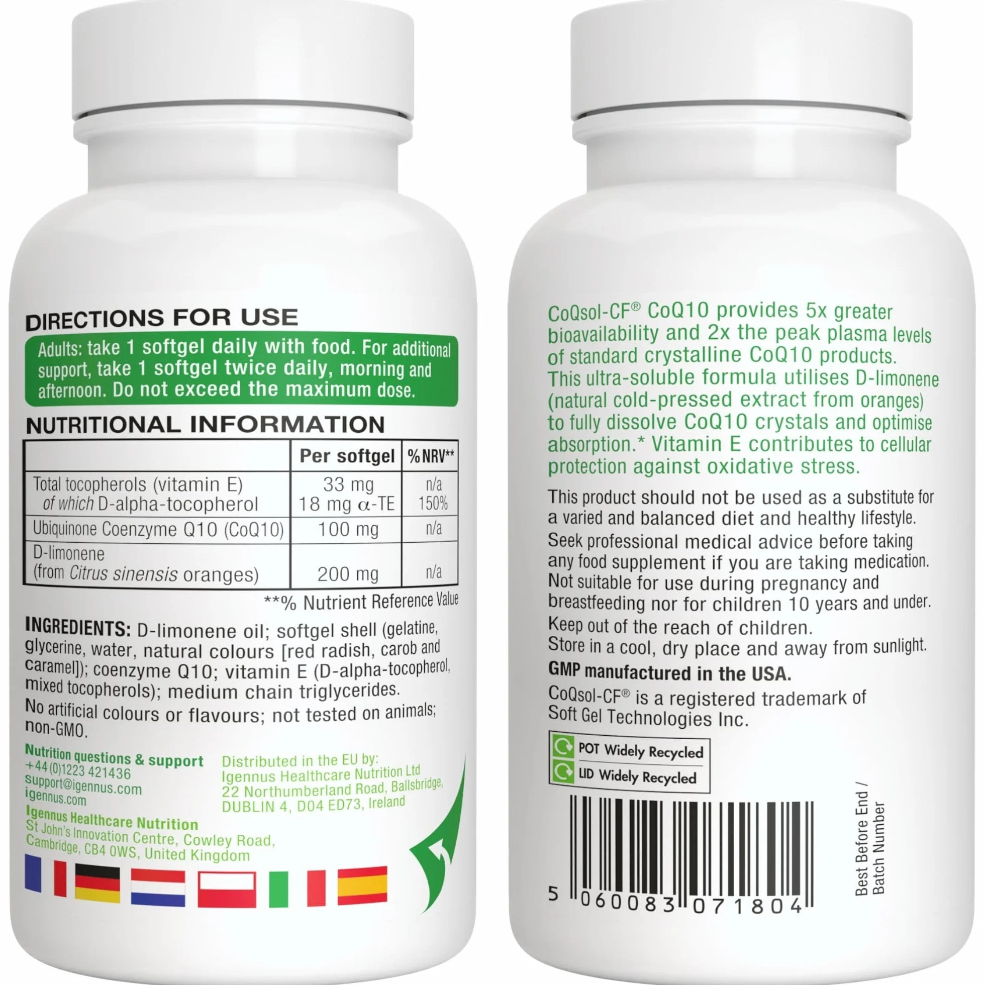 Igennus Integratore CoQ10, Coenzima Q10 100mg, 120 Softgels (4 mesi), Biodisponibilità 5x Superiore, Formula Ultra-Solubile CoQsol-CF, Ubichinone Potenziato con Vitamina E e D-Limonene, 1 al giorno