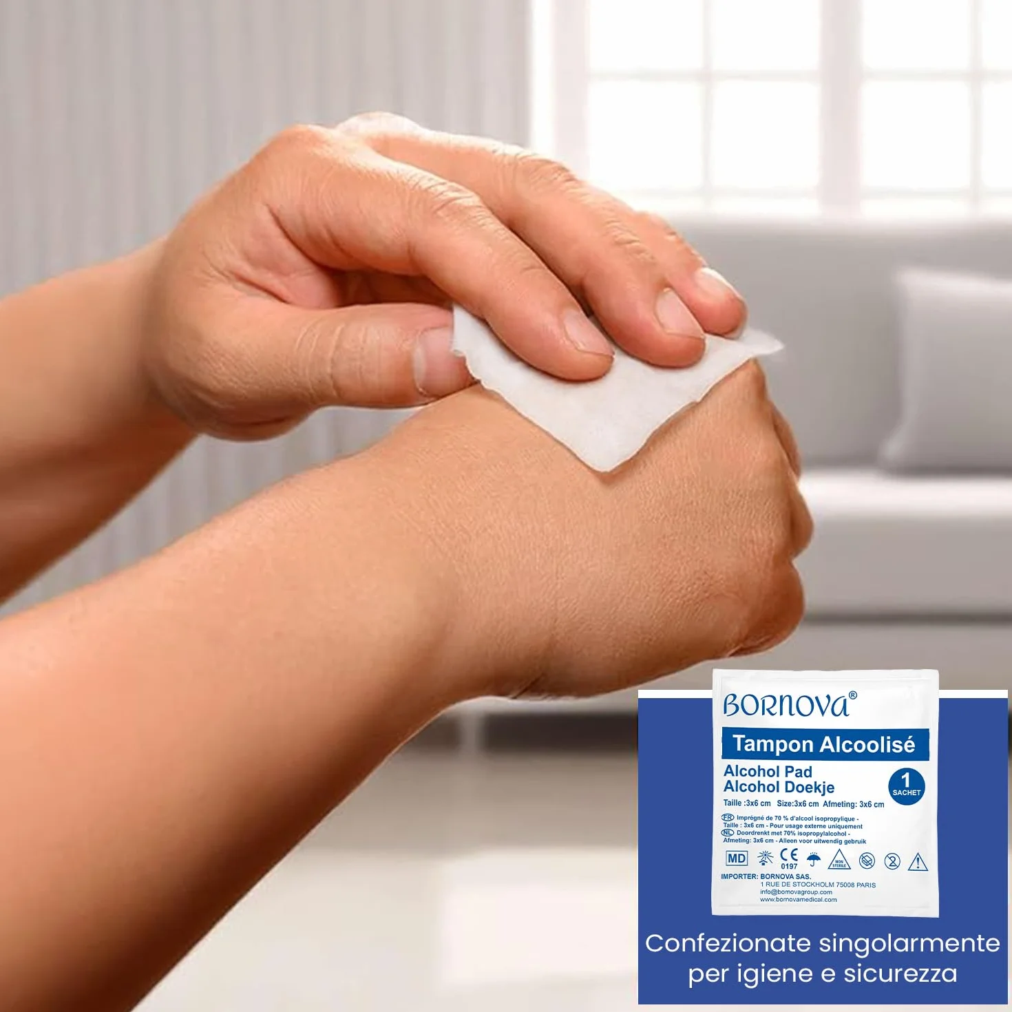 BORNOVA Tamponi Impregnati Alc.70 Salvietta 3x6 cm Monouso