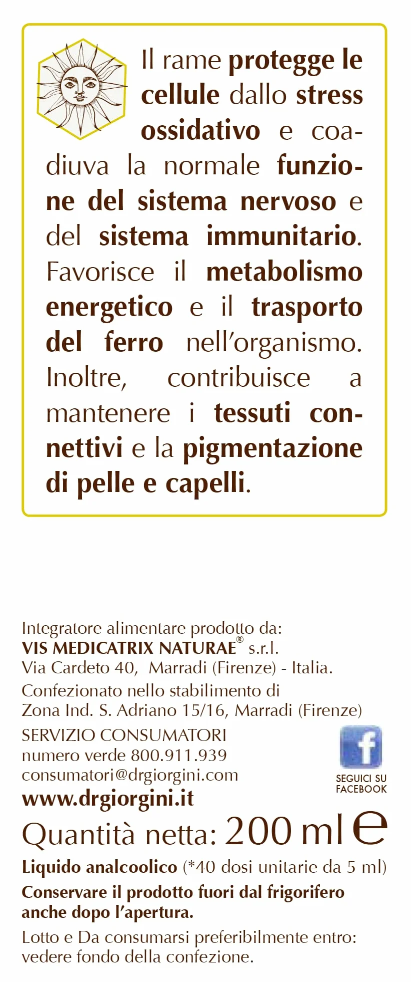 Dr Giorgini Integratore Alimentare, Rame Olimentovis Liquido Analcoolico - 200 ml