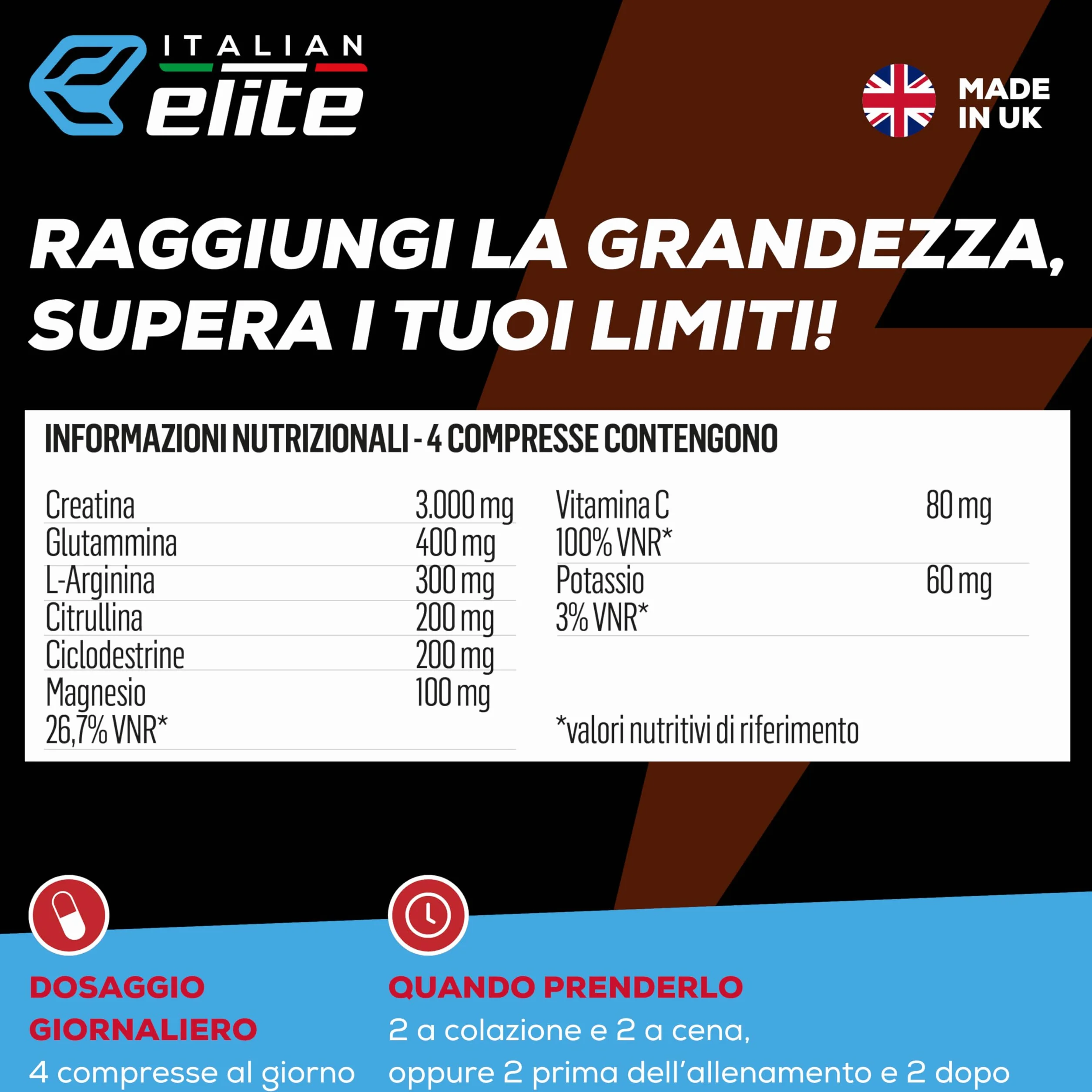 Italian Elite Creatine Extreme, Creatina con Glutammina, Arginina, Citrullina, Vit C Magnesio, Potassio, Ciclodestrine, Pre Post Workout 120cp Monoidrata Micronizzata