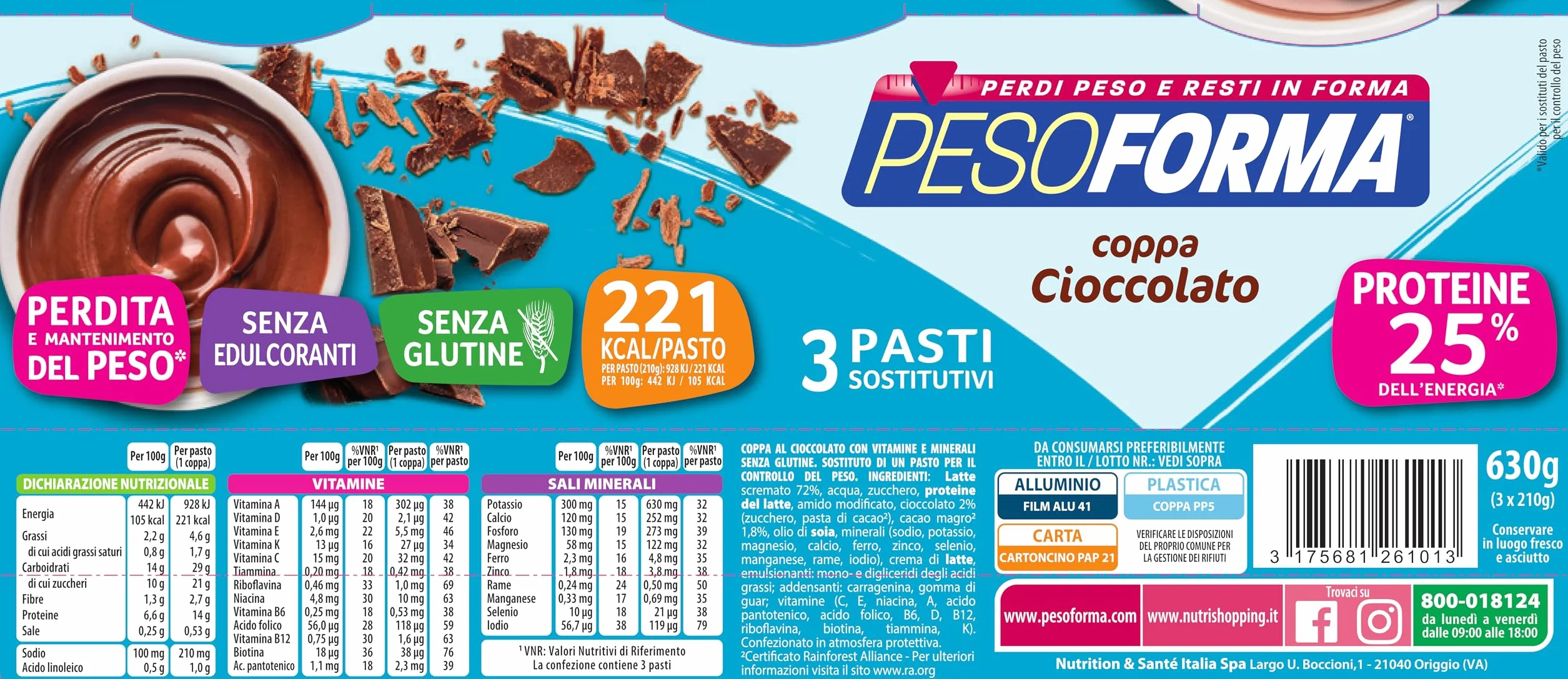 Pesoforma Coppa Budino al Cioccolato, x3 Pasti sostitutivi dimagranti SENZA GLUTINE SOLO 221 Kcal, Ricco in proteine